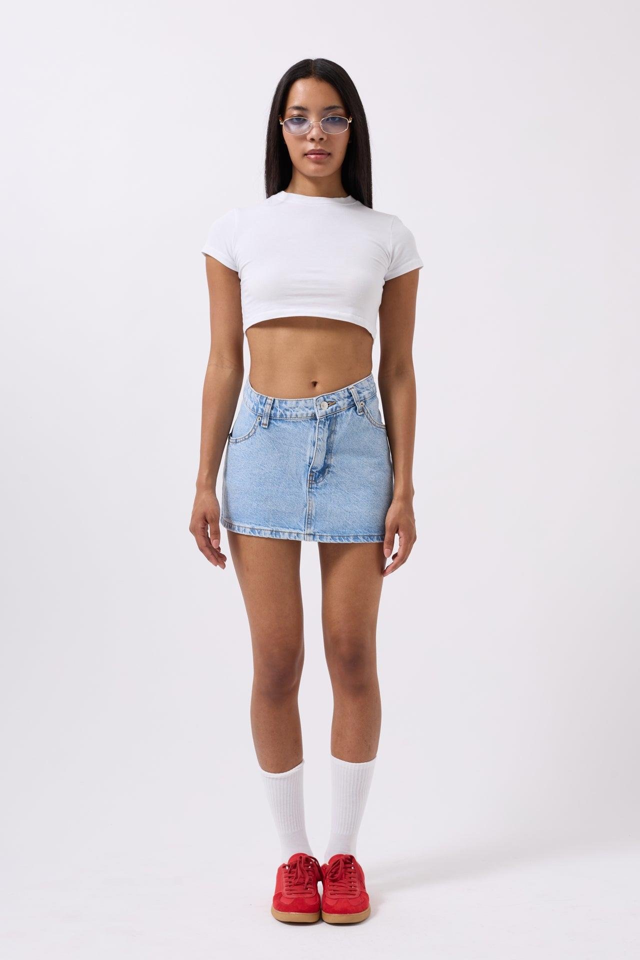 Asimetrik Bel Denim Mini Mavi Etek
