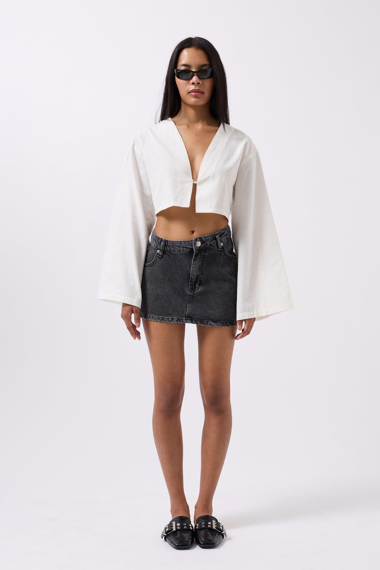 Asimetrik Bel Denim Mini Siyah Etek