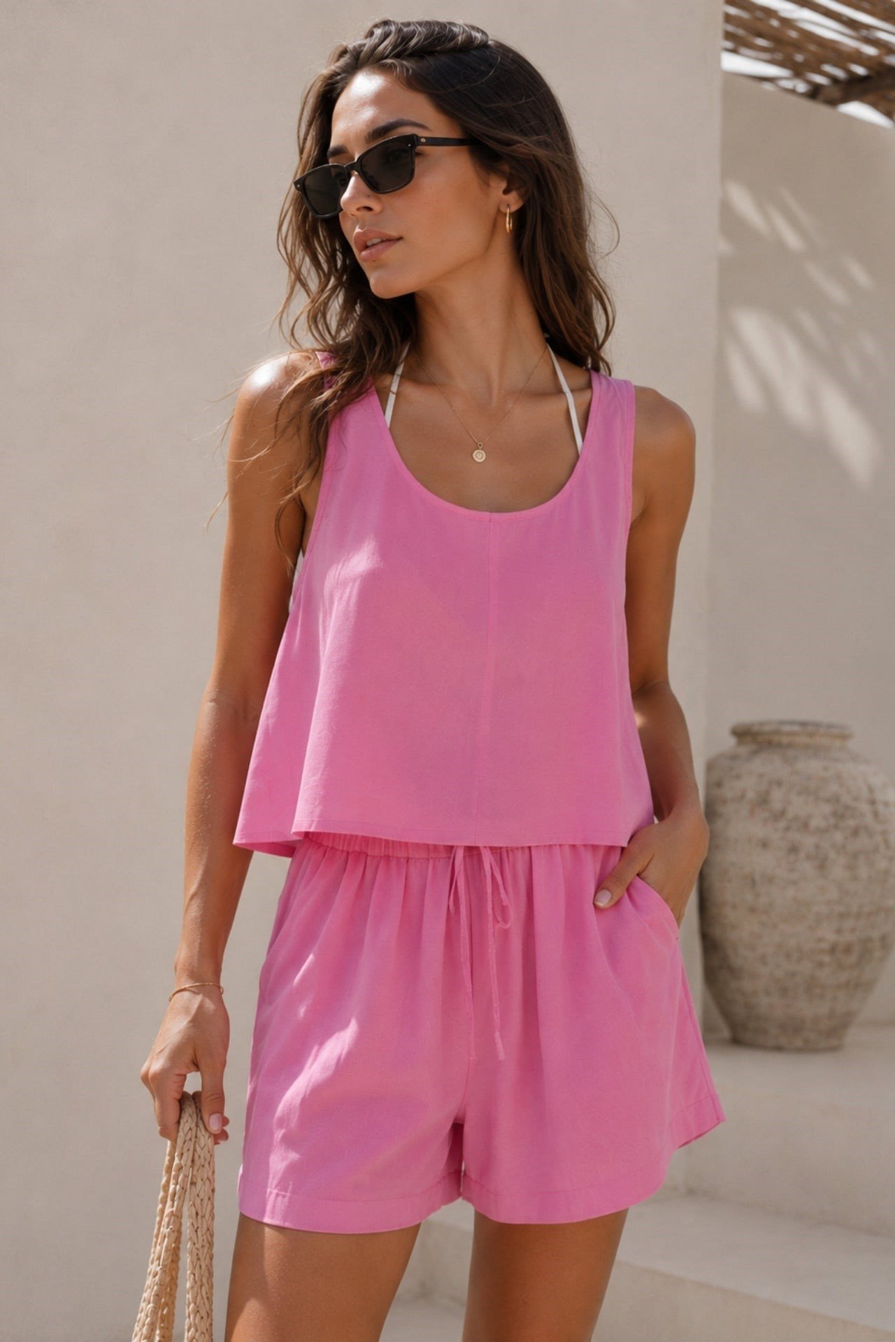 Askılı Bluz Yüksek Bel Şort İkili Pembe Modal Takım