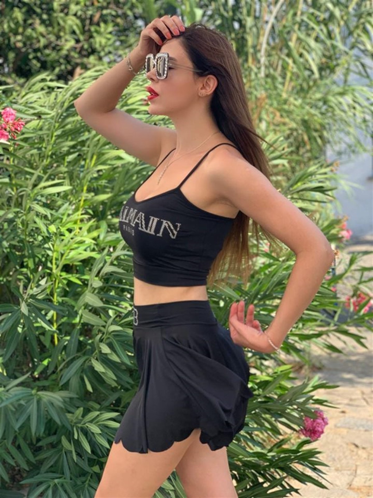 BALMAIN TAŞ BASKILI ESNEK KUMAŞ BÜSTİYER VE ETEK TAKIM BLACK SKIRT AND TOP SET KY-075