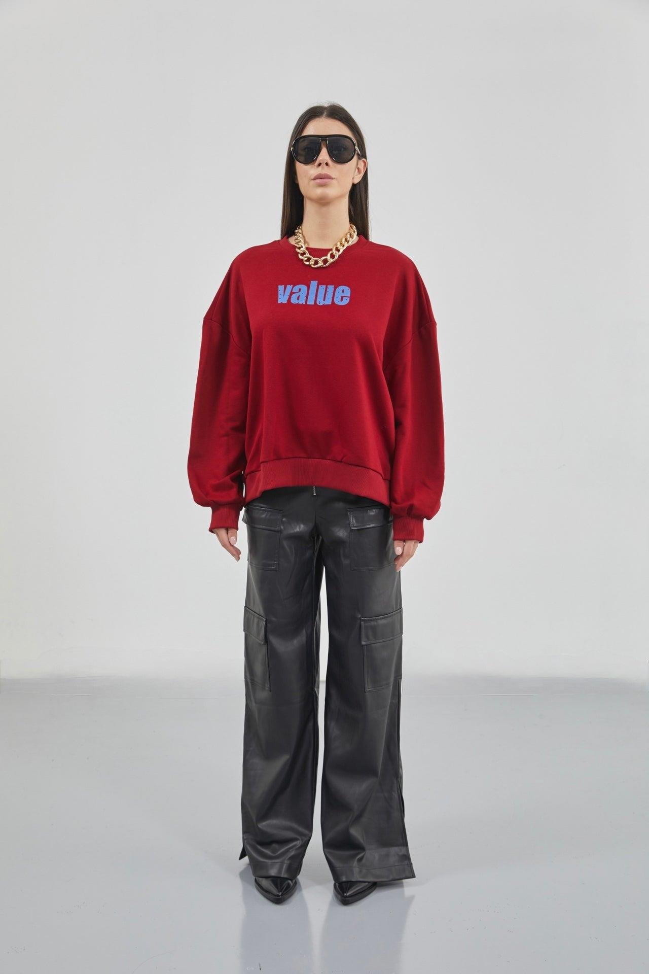 Baskılı Sıfır Yaka Oversize Bordo Sweatshirt