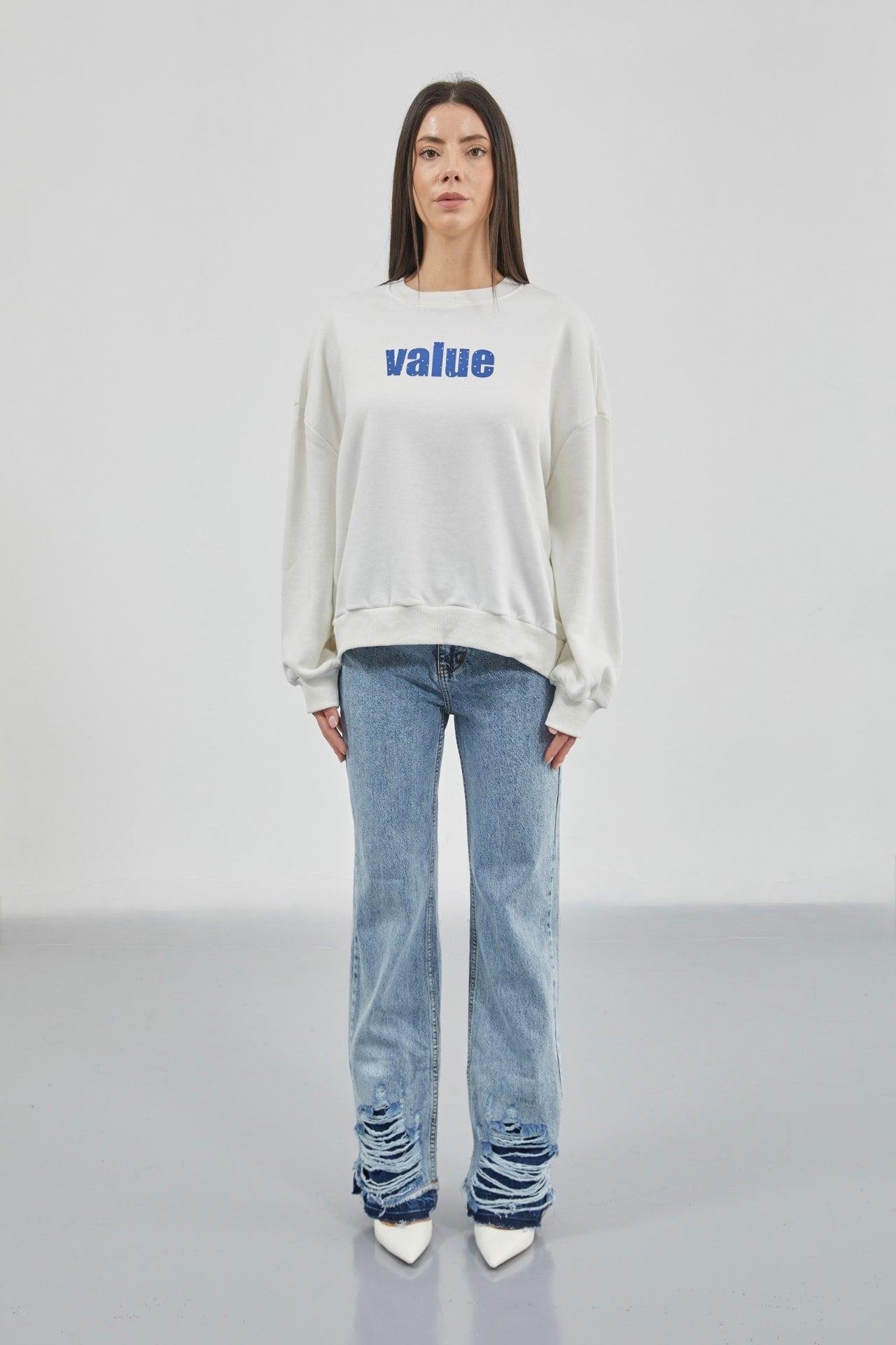 Baskılı Sıfır Yaka Oversize Ekru Sweatshirt