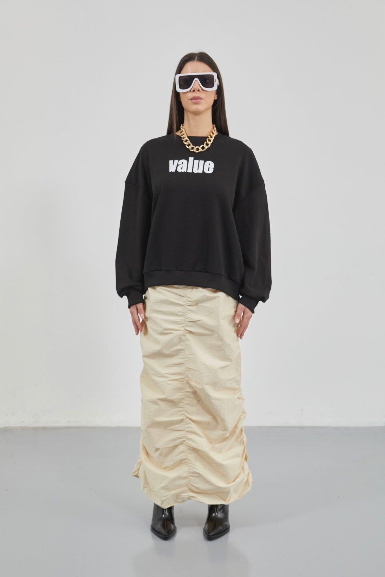 Baskılı Sıfır Yaka Oversize Siyah Sweatshirt