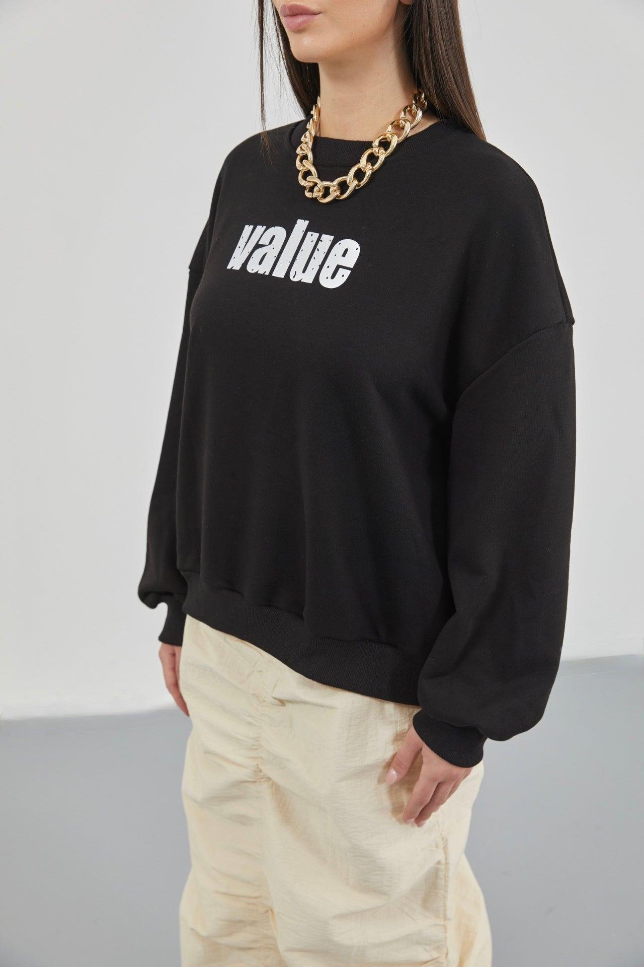 Baskılı Sıfır Yaka Oversize Siyah Sweatshirt