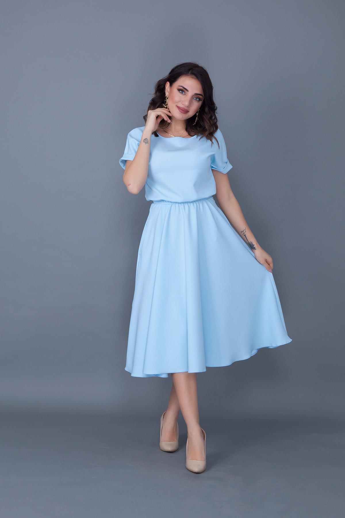 Bebe Mavi Esnek Atlas Kumaş Midi Boy Beli Lastikli Cepli Tasarım Kısa Kollu Kloş Bebe Mavi Abiye Elbise 222