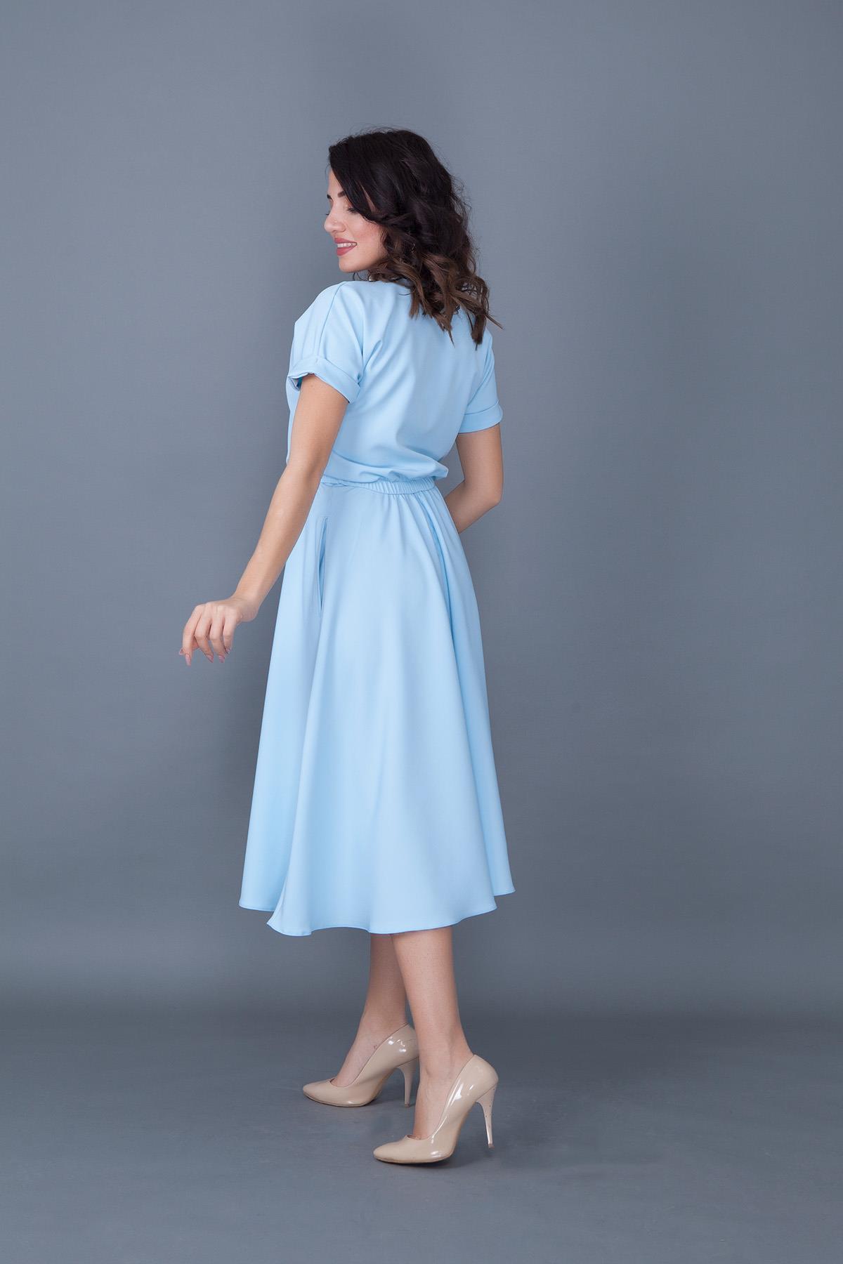 Bebe Mavi Esnek Atlas Kumaş Midi Boy Beli Lastikli Cepli Tasarım Kısa Kollu Kloş Bebe Mavi Abiye Elbise 222