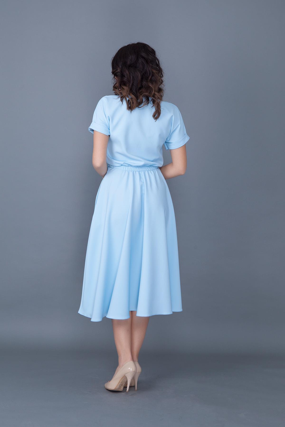 Bebe Mavi Esnek Atlas Kumaş Midi Boy Beli Lastikli Cepli Tasarım Kısa Kollu Kloş Bebe Mavi Abiye Elbise 222