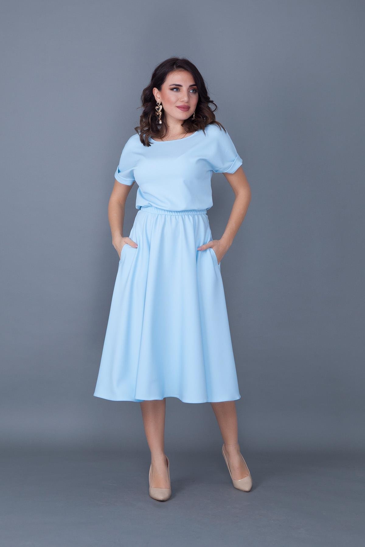 Bebe Mavi Esnek Atlas Kumaş Midi Boy Beli Lastikli Cepli Tasarım Kısa Kollu Kloş Bebe Mavi Abiye Elbise 222