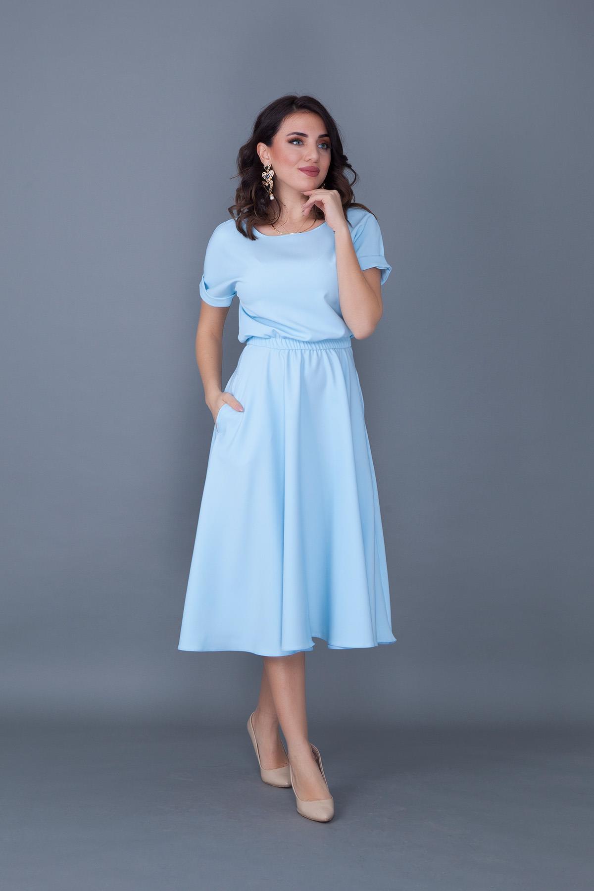 Bebe Mavi Esnek Atlas Kumaş Midi Boy Beli Lastikli Cepli Tasarım Kısa Kollu Kloş Bebe Mavi Abiye Elbise 222