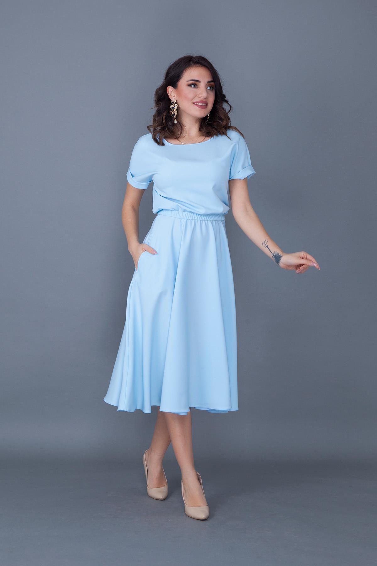 Bebe Mavi Esnek Atlas Kumaş Midi Boy Beli Lastikli Cepli Tasarım Kısa Kollu Kloş Bebe Mavi Abiye Elbise 222