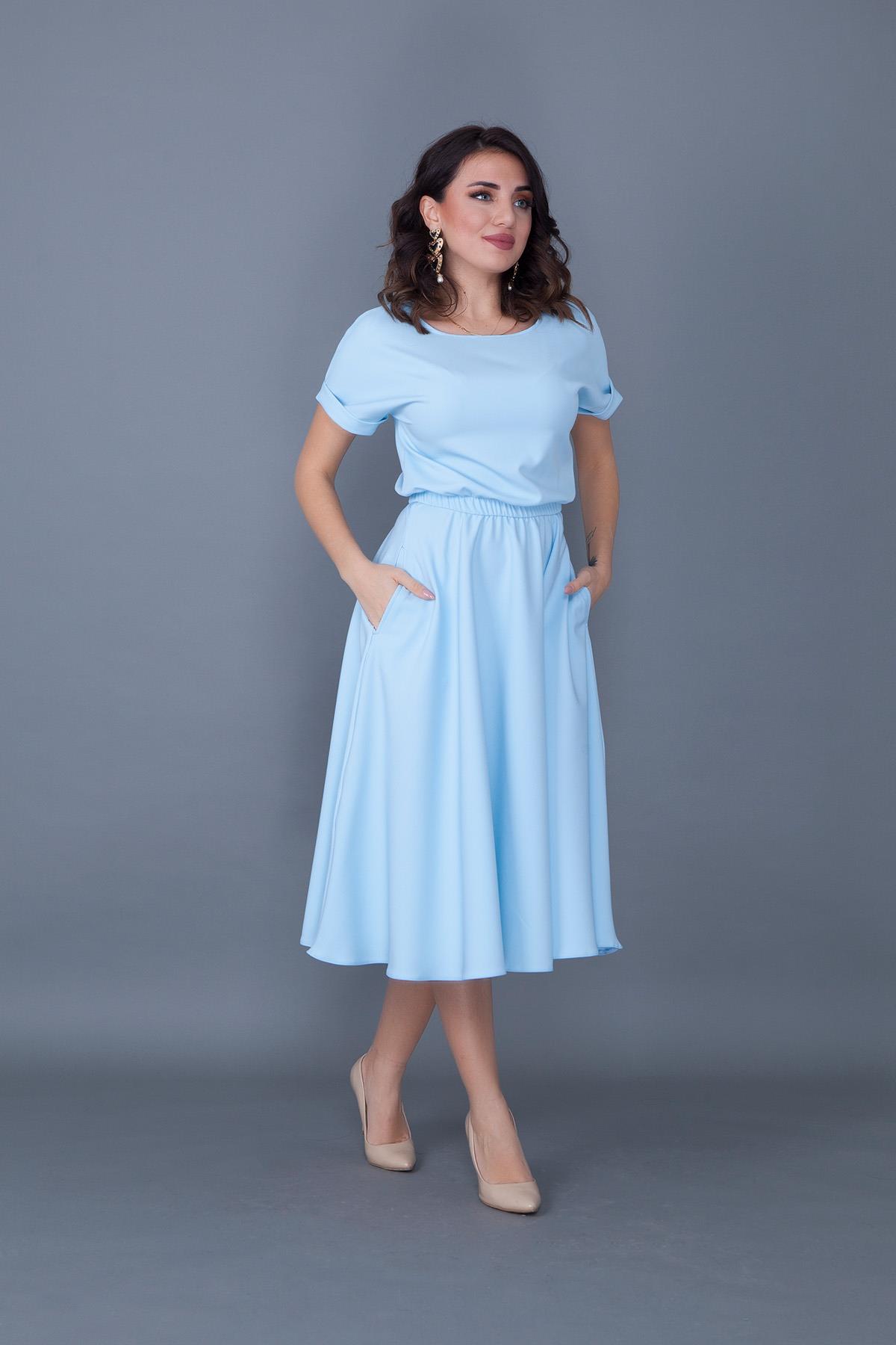 Bebe Mavi Esnek Atlas Kumaş Midi Boy Beli Lastikli Cepli Tasarım Kısa Kollu Kloş Bebe Mavi Abiye Elbise 222