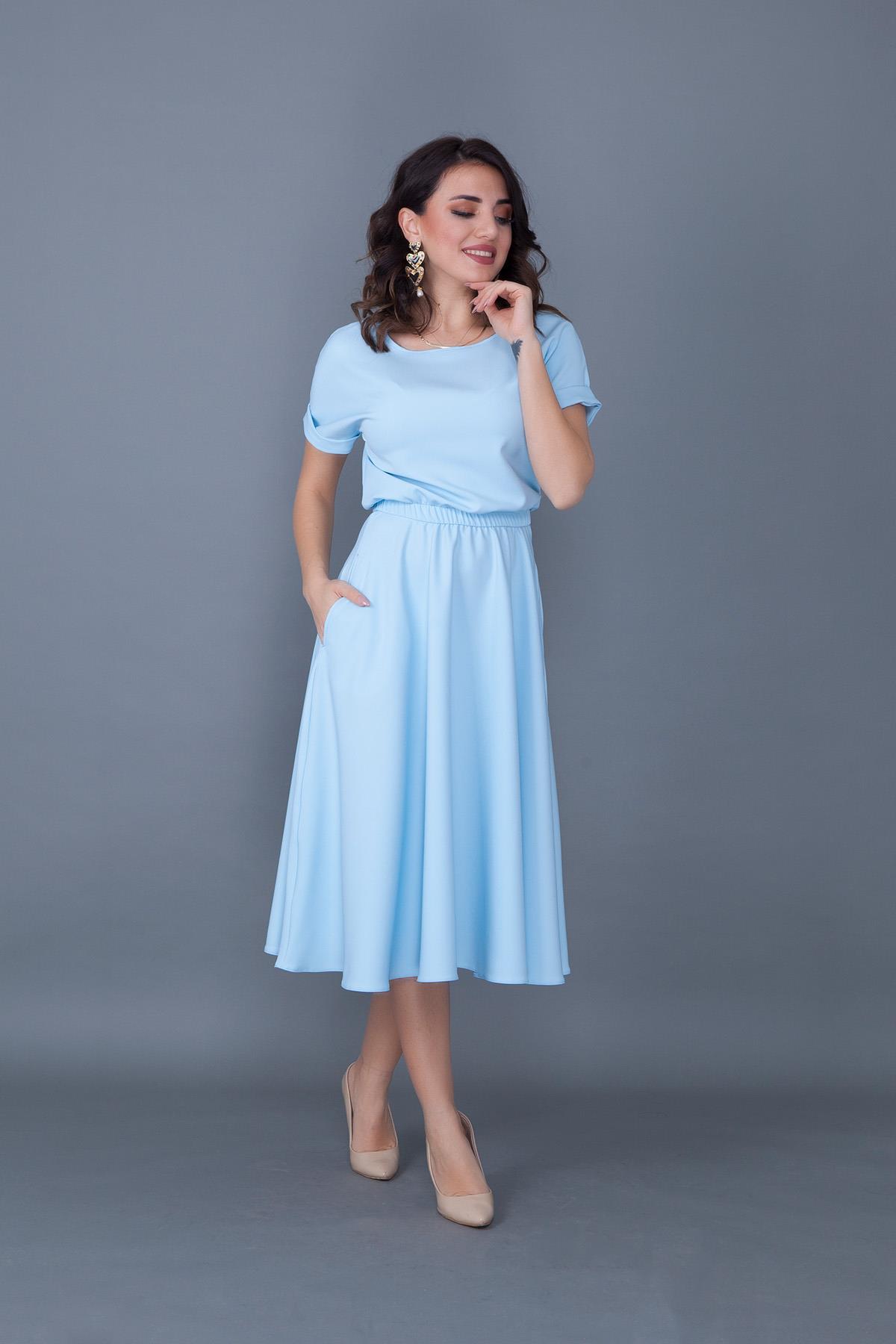 Bebe Mavi Esnek Atlas Kumaş Midi Boy Beli Lastikli Cepli Tasarım Kısa Kollu Kloş Bebe Mavi Abiye Elbise 222