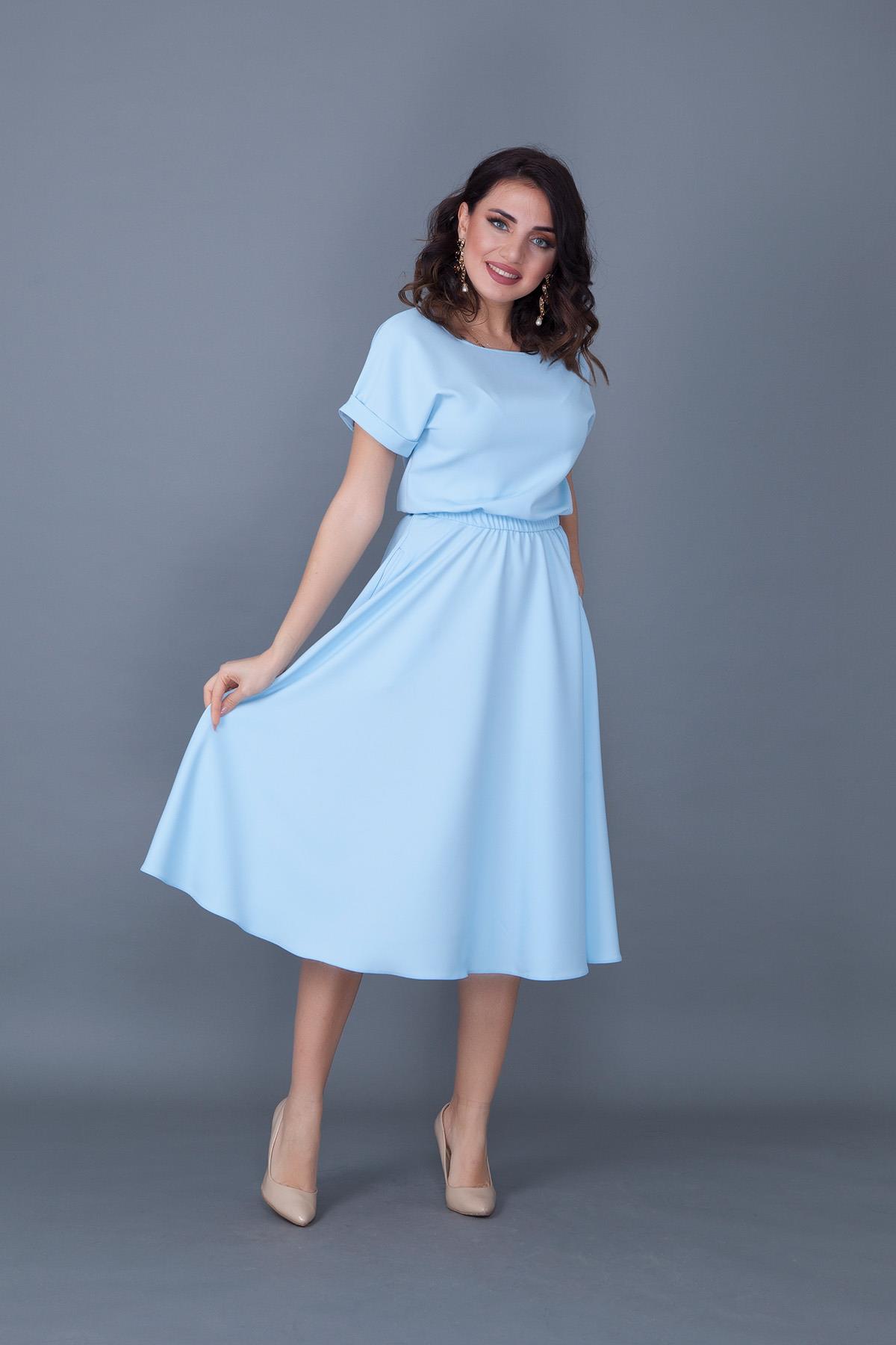 Bebe Mavi Esnek Atlas Kumaş Midi Boy Beli Lastikli Cepli Tasarım Kısa Kollu Kloş Bebe Mavi Abiye Elbise 222