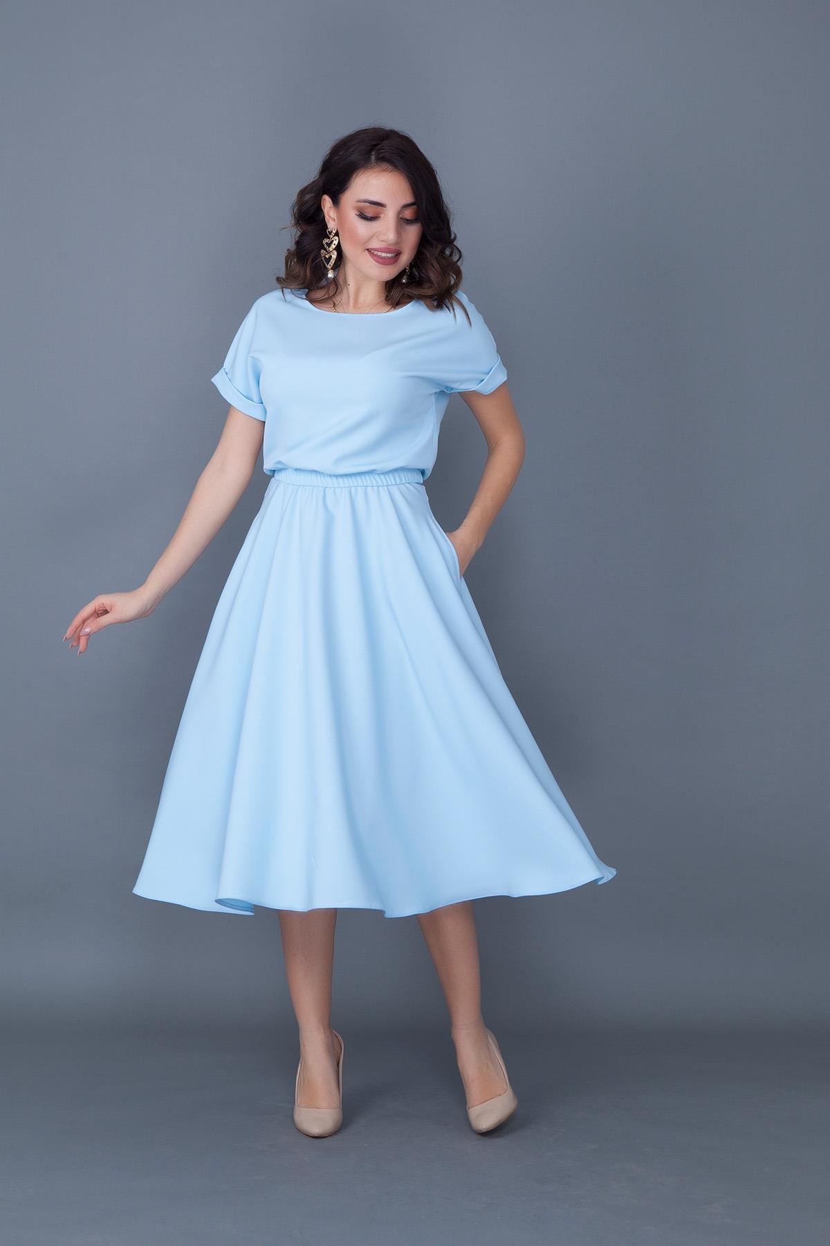 Bebe Mavi Esnek Atlas Kumaş Midi Boy Beli Lastikli Cepli Tasarım Kısa Kollu Kloş Bebe Mavi Abiye Elbise 222