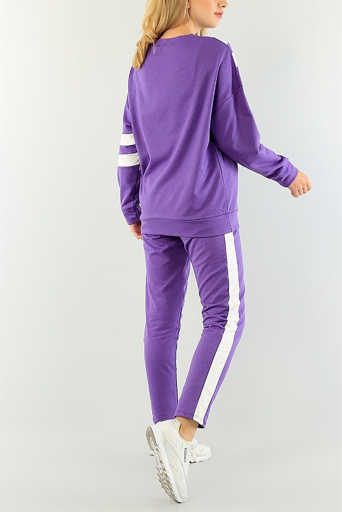 Beyaz Şerit Detaylı Uzun Kollu Sweatshirt ve Cep Detaylı Eşofman Mor İkili Takım 077