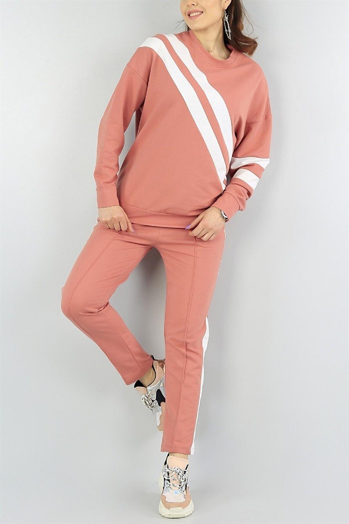 Beyaz Şerit Detaylı Uzun Kollu Sweatshirt ve Cep Detaylı Eşofman Gül Kurusu İkili Takım 077