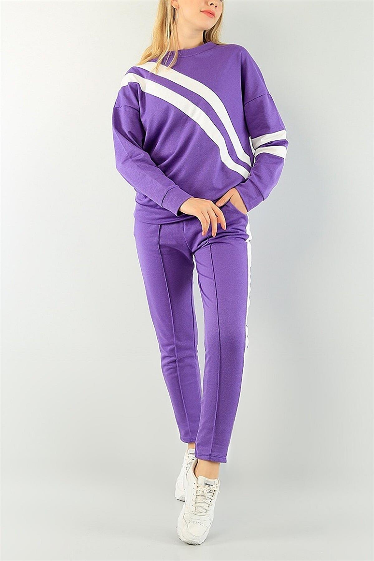 Beyaz Şerit Detaylı Uzun Kollu Sweatshirt ve Cep Detaylı Eşofman Mor İkili Takım 077