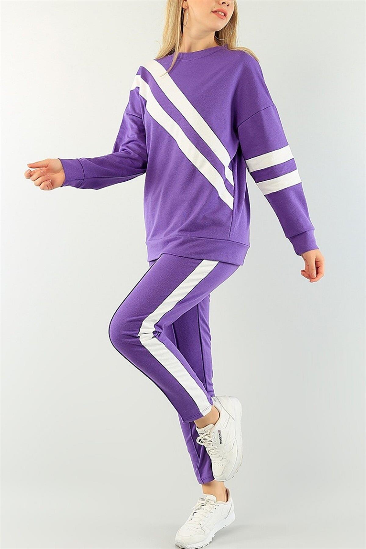 Beyaz Şerit Detaylı Uzun Kollu Sweatshirt ve Cep Detaylı Eşofman Mor İkili Takım 077