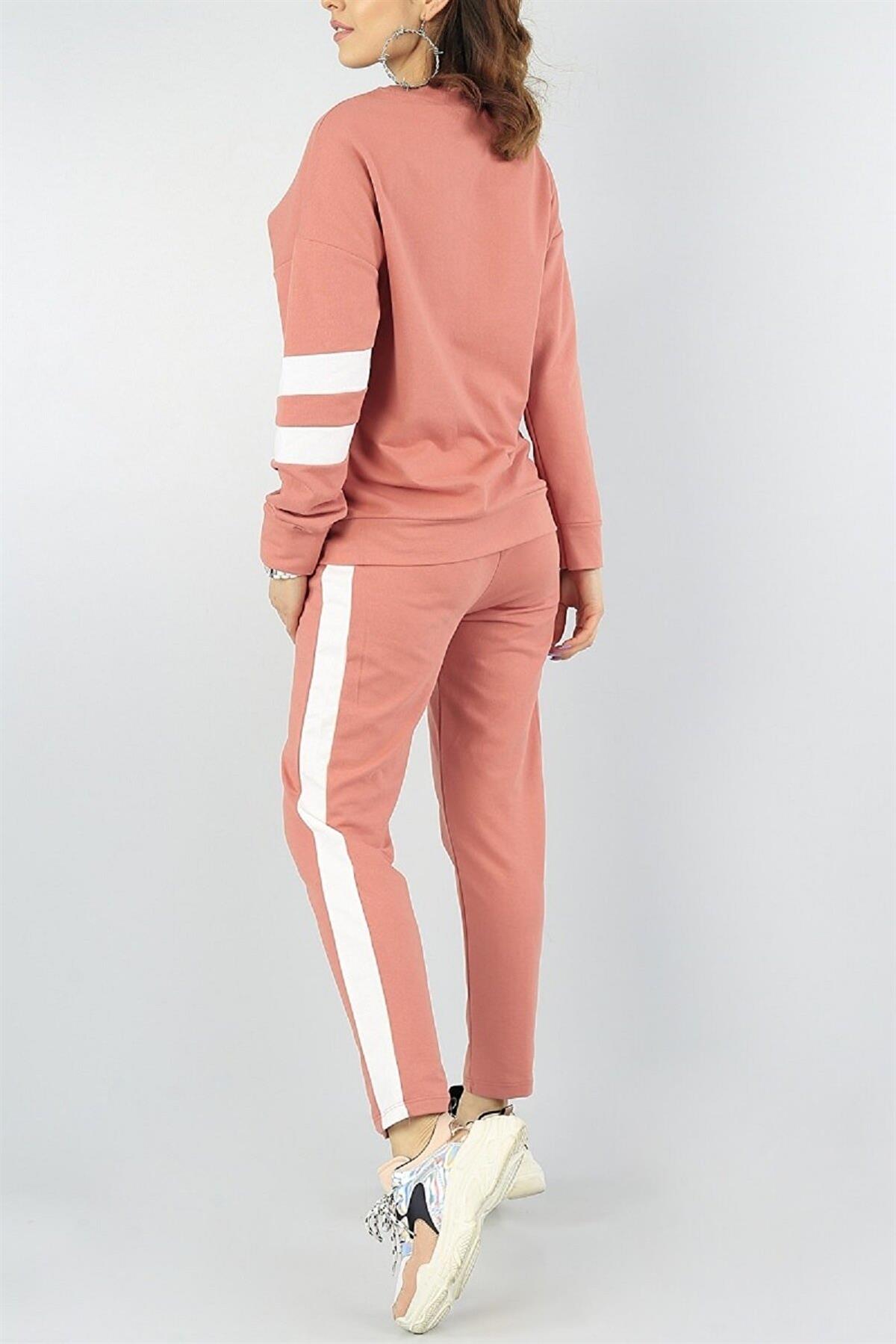 Beyaz Şerit Detaylı Uzun Kollu Sweatshirt ve Cep Detaylı Eşofman Gül Kurusu İkili Takım 077