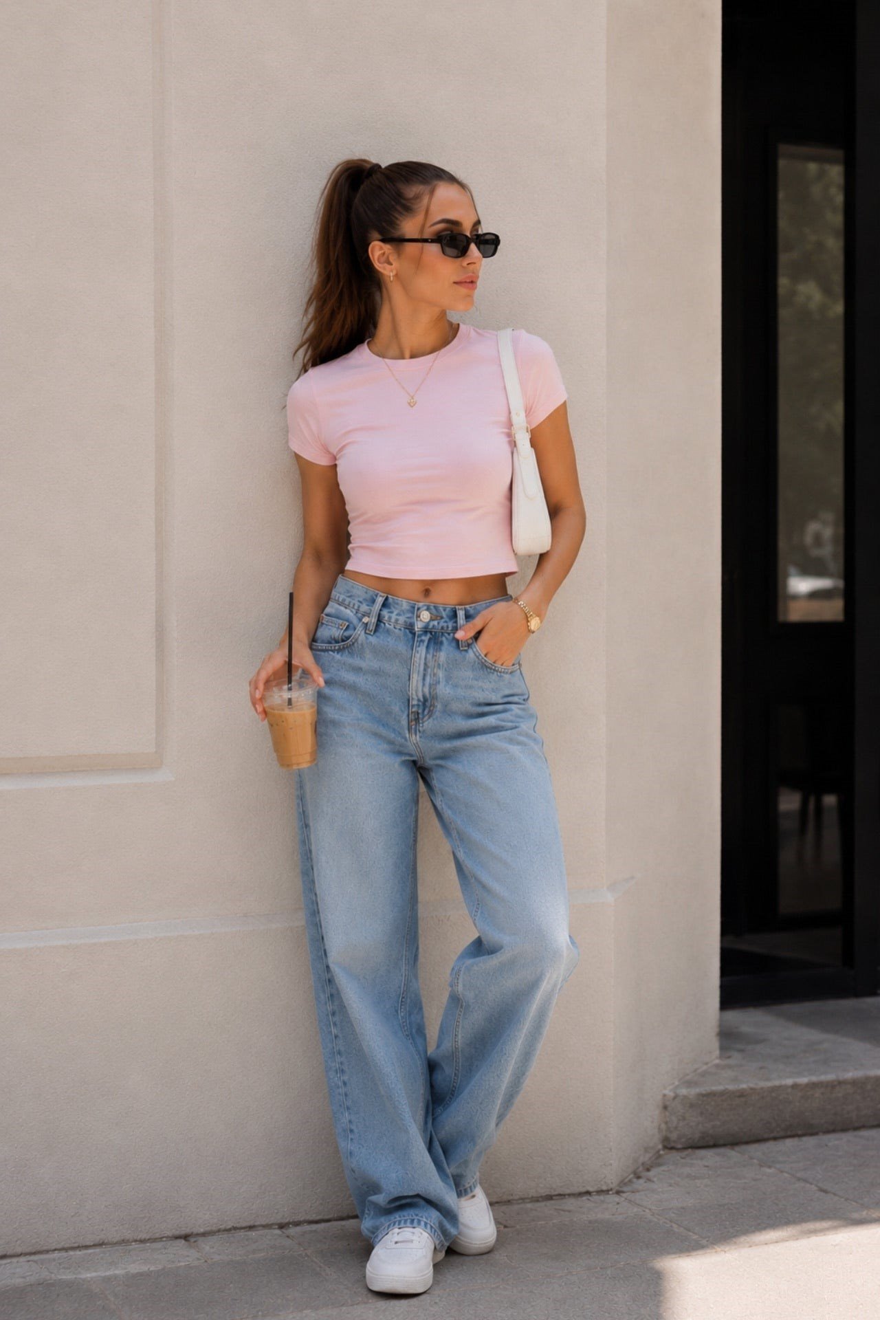 Bisiklet Yaka Likralı Pembe Crop T-Shirt