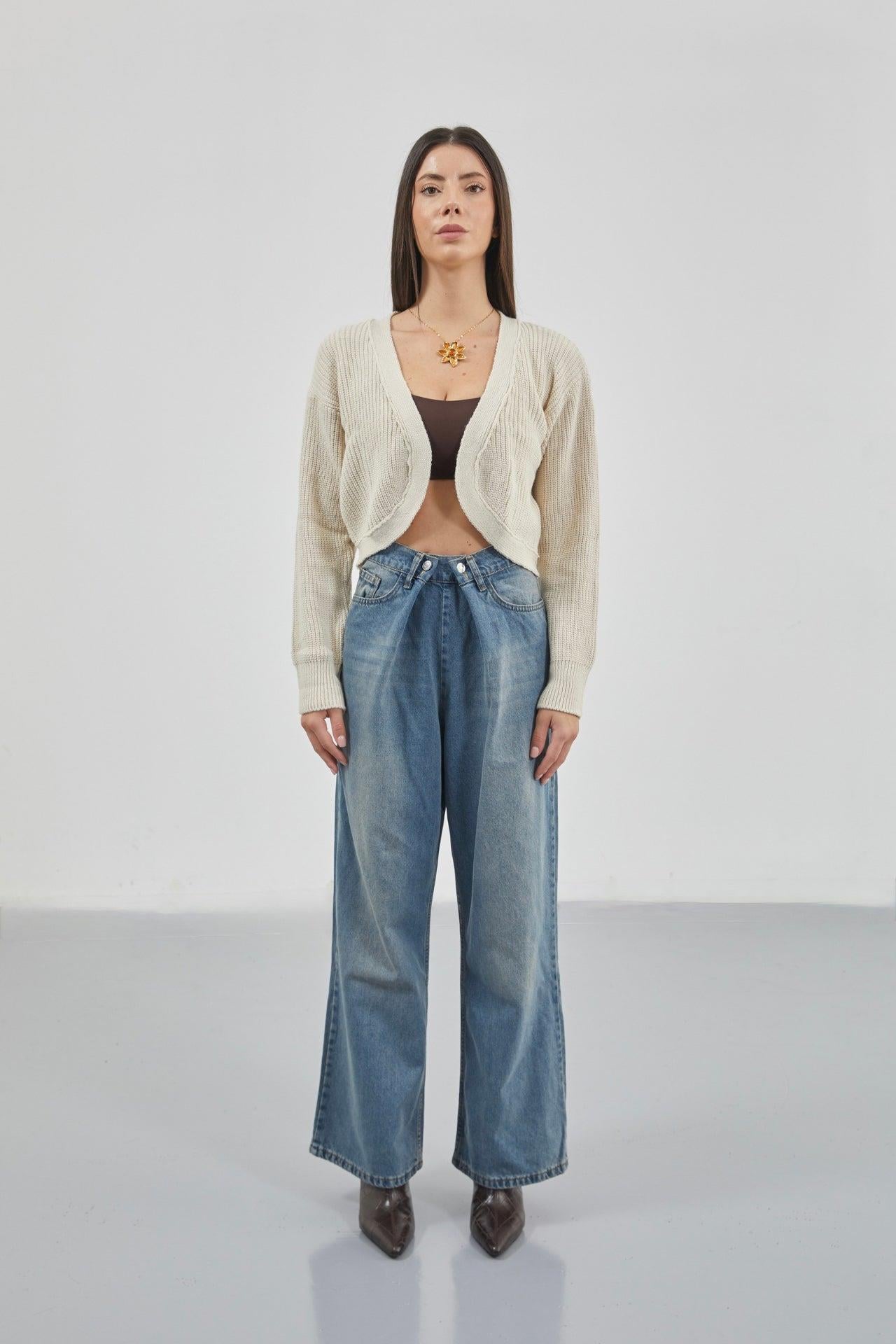Biyeli Crop Bej Triko Hırka