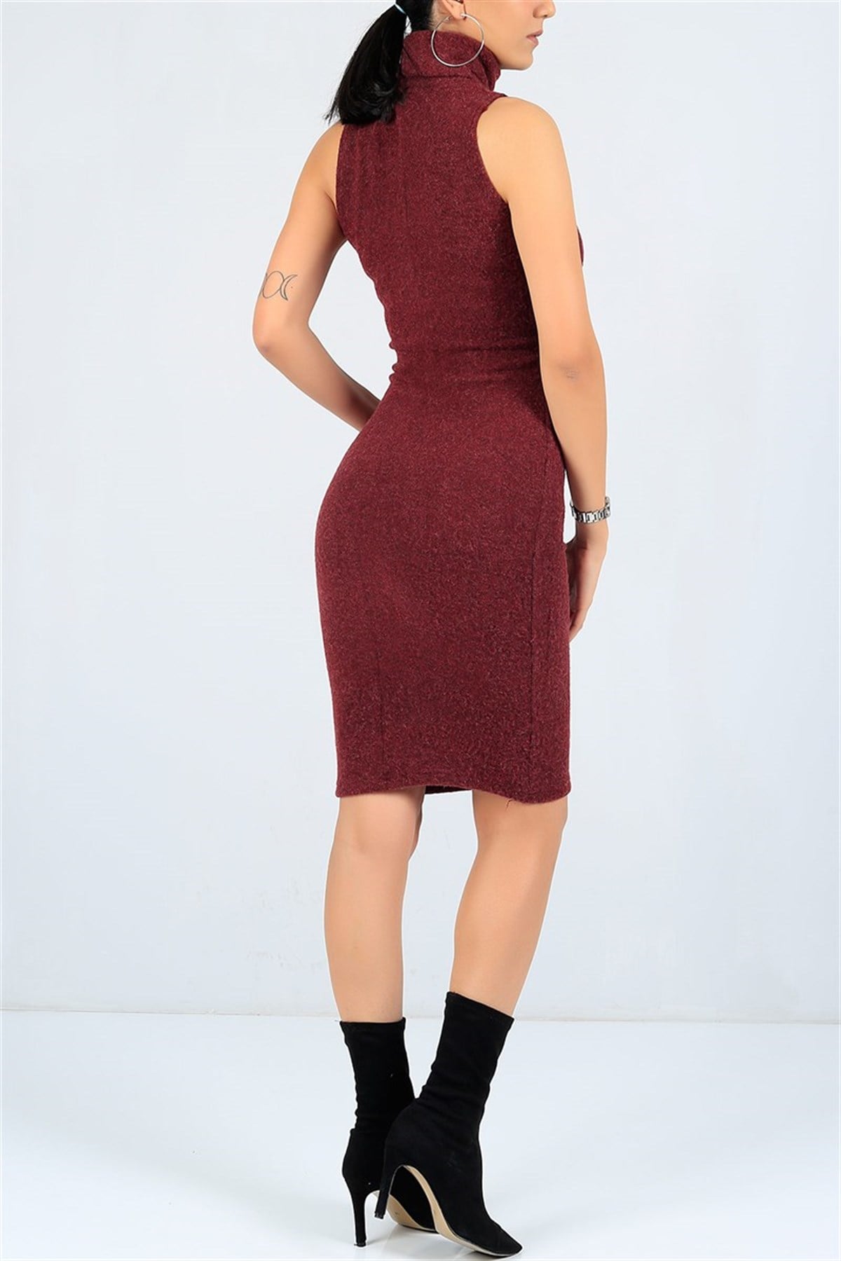 Boğazlı Kolsuz Bordo Triko Elbise GÜNLÜK MİNİ ELBİSE TRİKO ELBİSE KNITTED DRESS MD-23113B