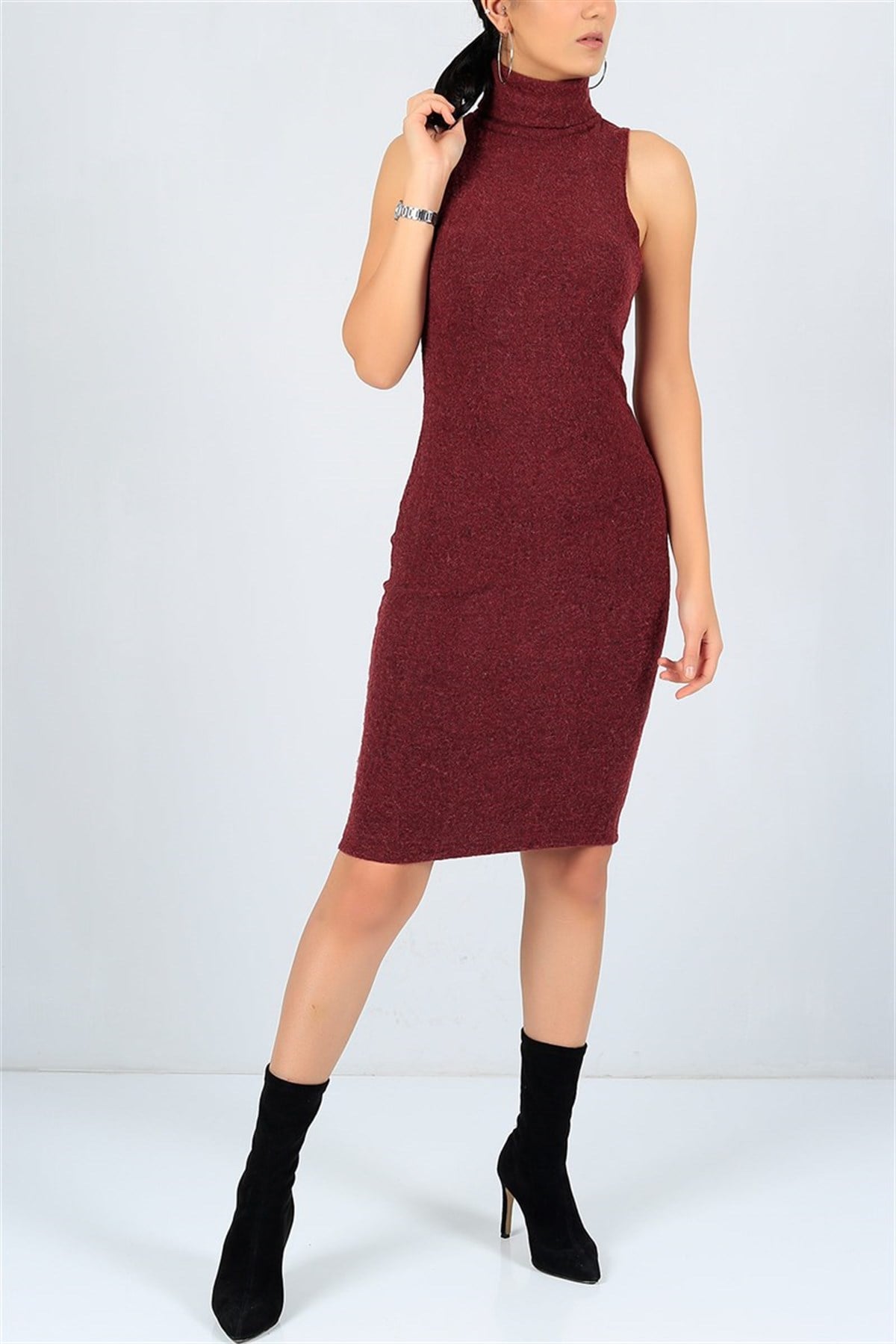 Boğazlı Kolsuz Bordo Triko Elbise GÜNLÜK MİNİ ELBİSE TRİKO ELBİSE KNITTED DRESS MD-23113B