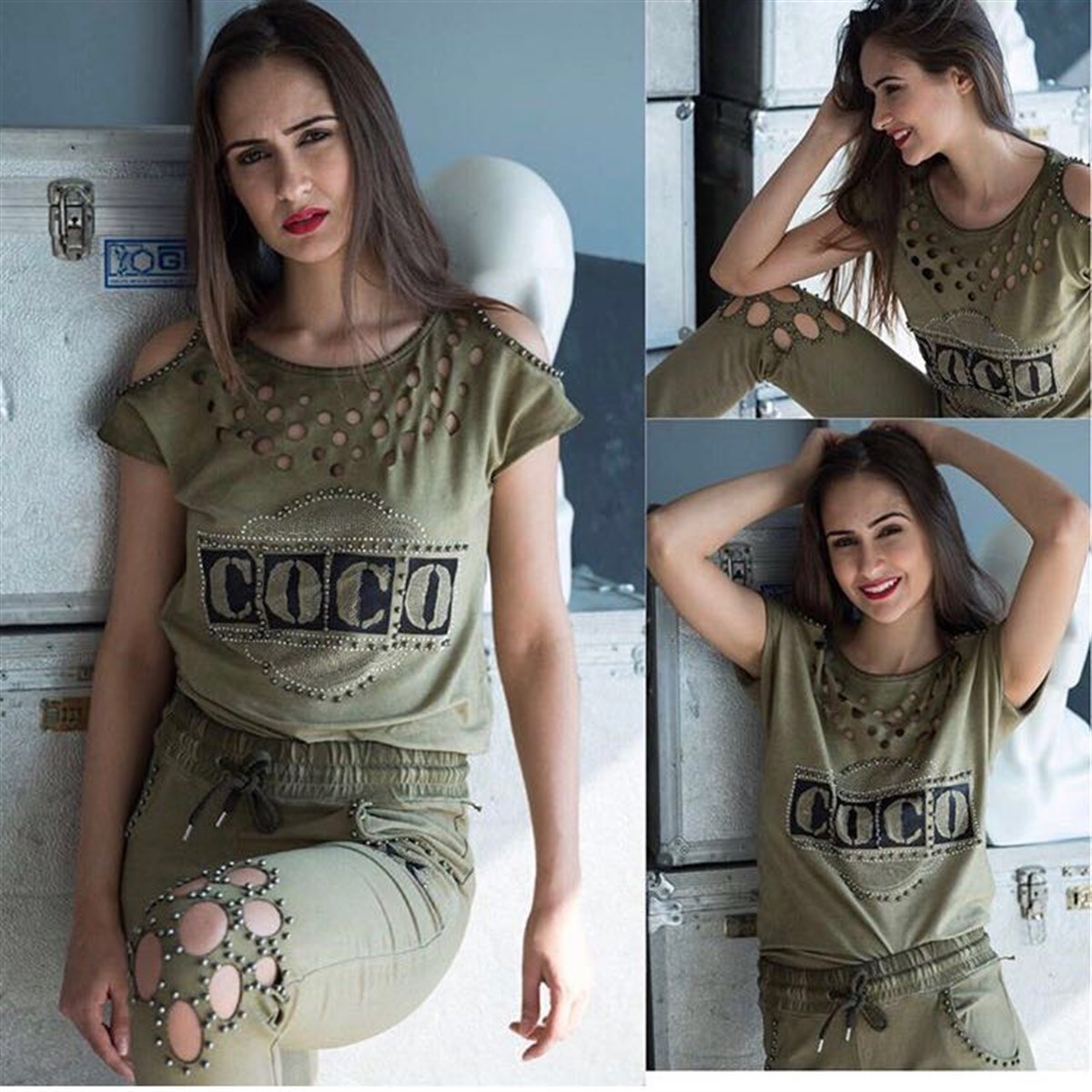 BONCUK İŞLEMELİ LAZER KESİM COCO BASKILI ALT ÜST BAYAN EŞOFMAN TAKIM CHP-162-1