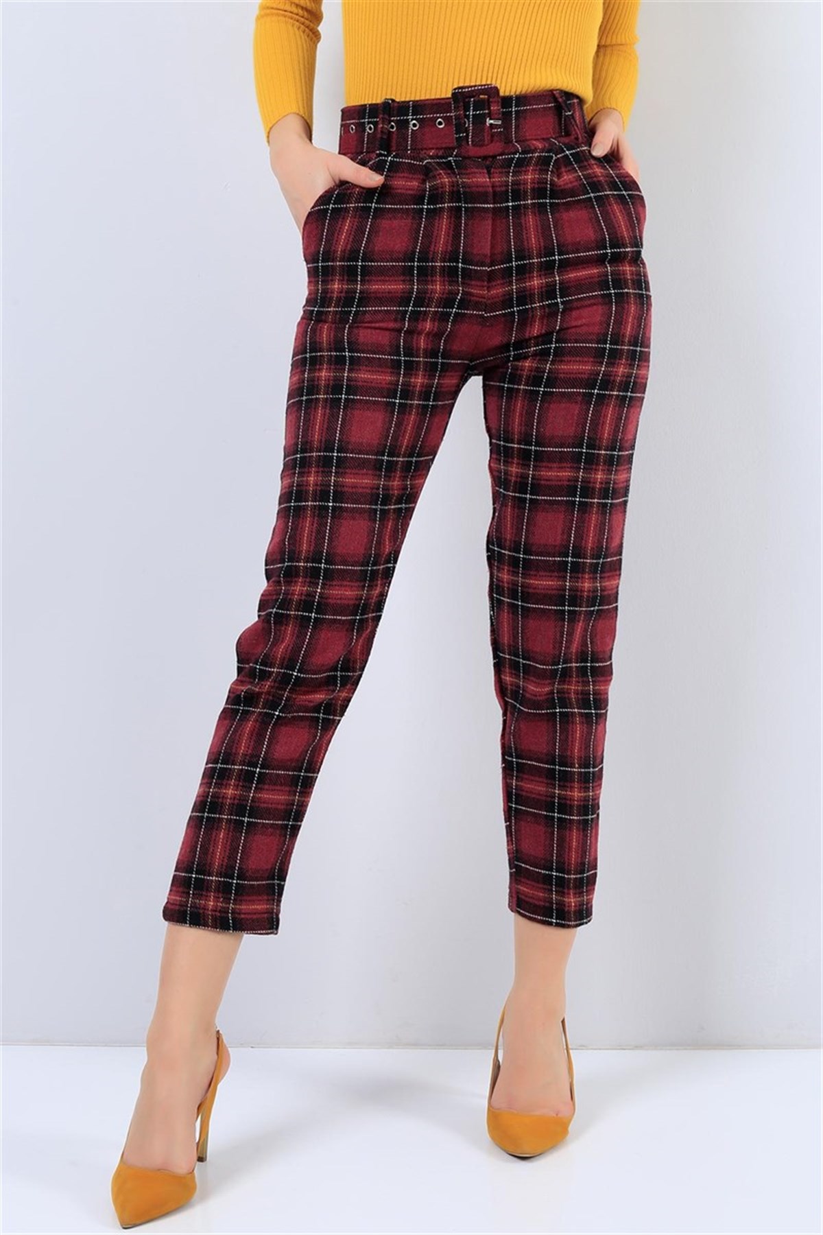 Bordo Ekose Desenli Kaşe Bayan Pantolon MD-21762B
