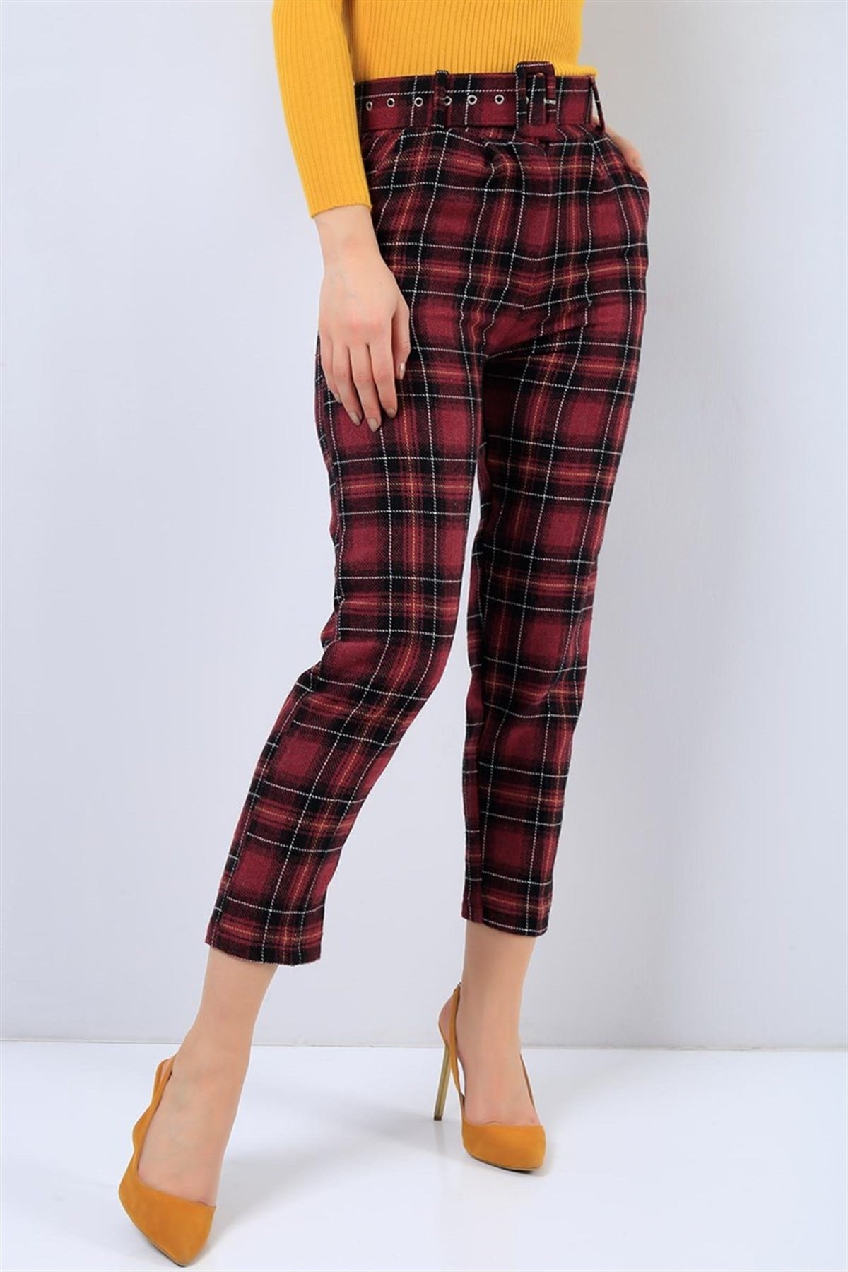 Bordo Ekose Desenli Kaşe Bayan Pantolon MD-21762B