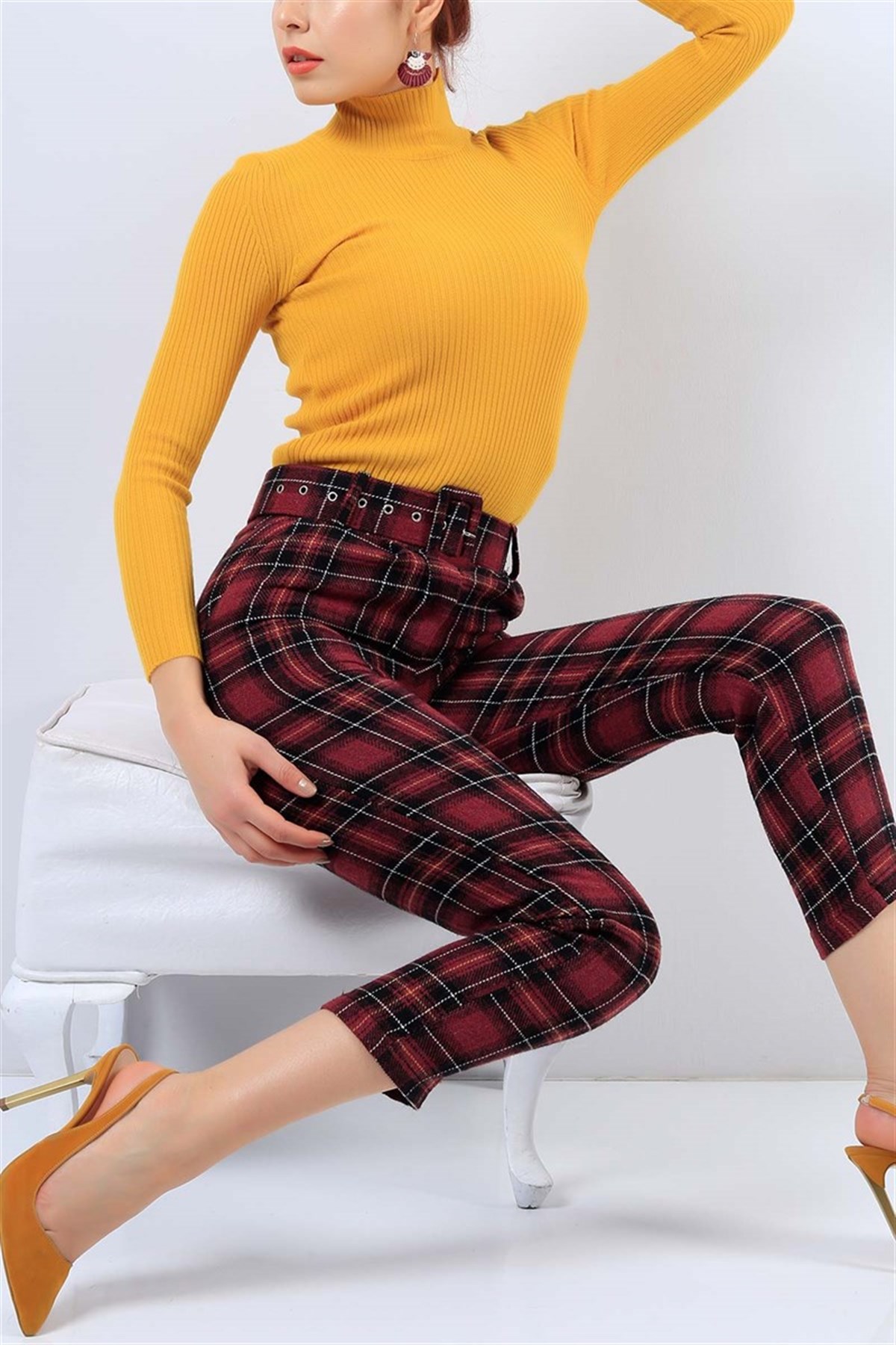 Bordo Ekose Desenli Kaşe Bayan Pantolon MD-21762B