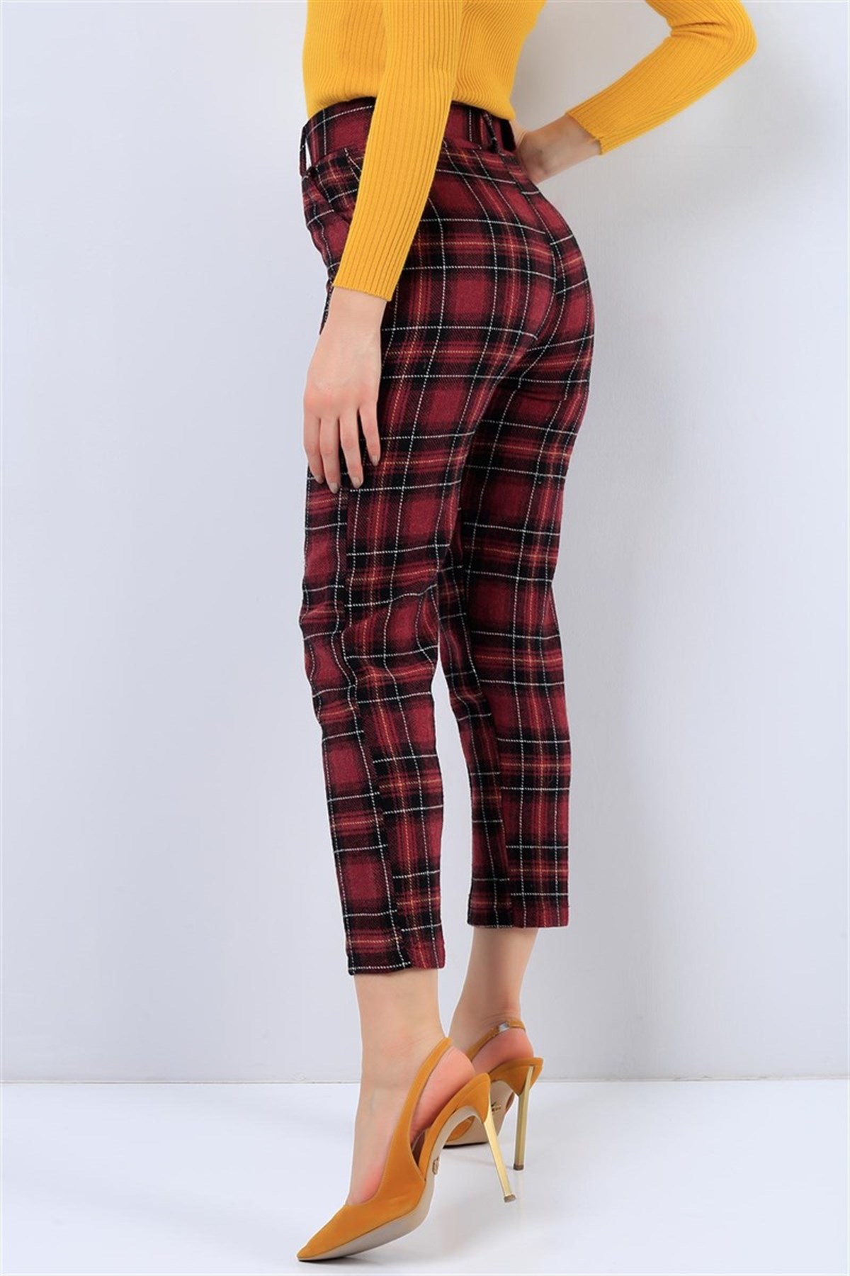 Bordo Ekose Desenli Kaşe Bayan Pantolon MD-21762B