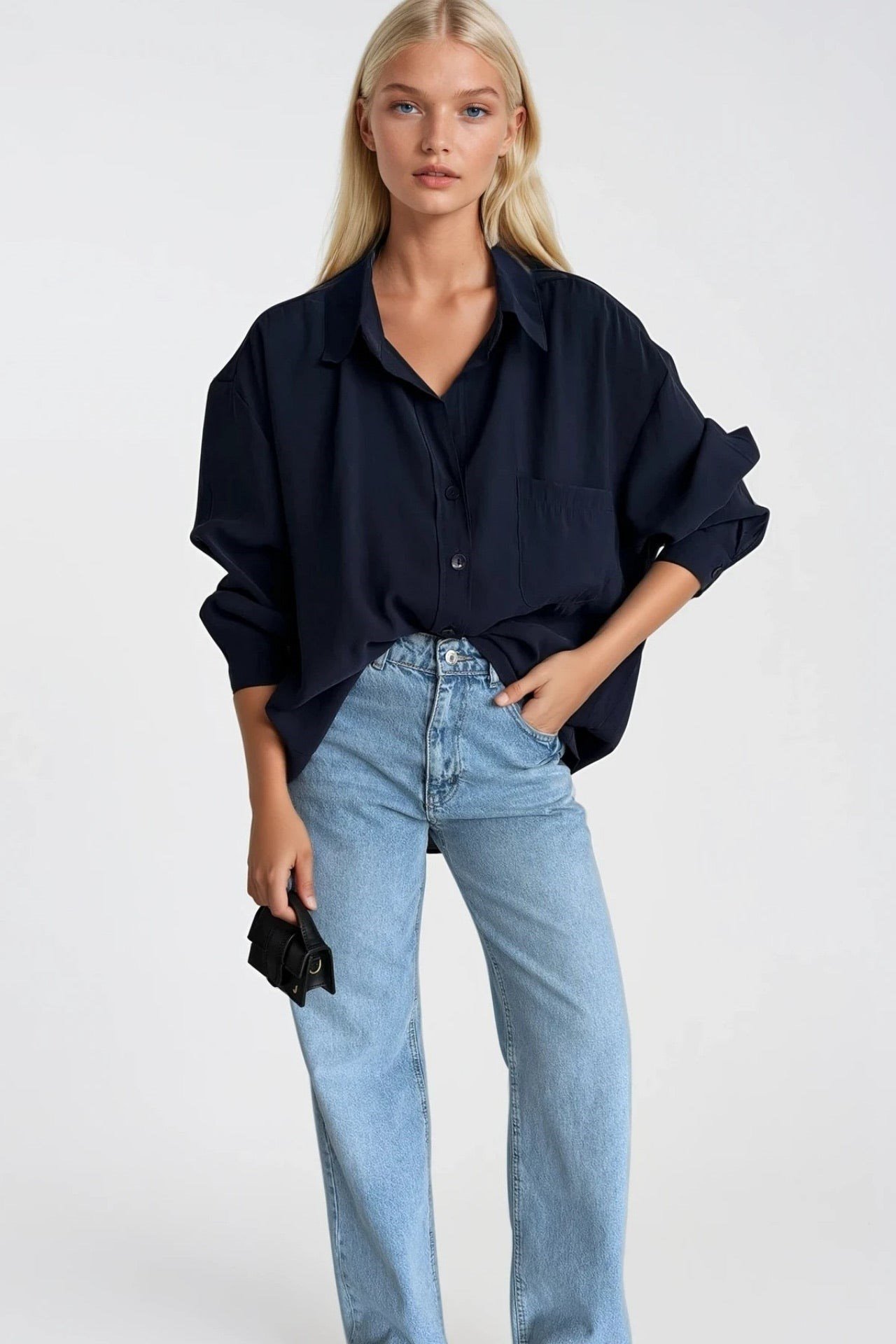 Cep Detay Basic Oversize Lacivert Gömlek