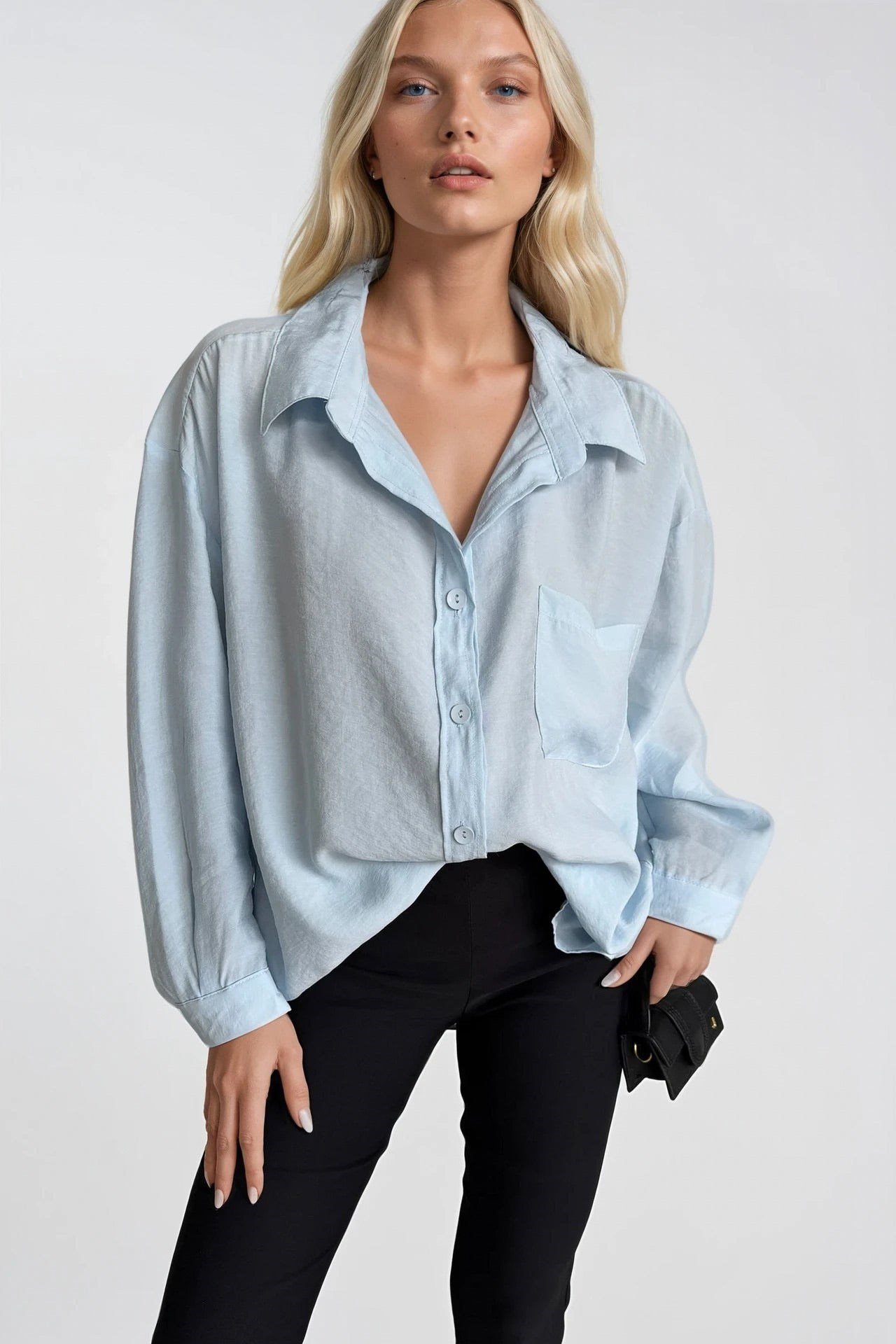 Cep Detay Basic Oversize Mavi Gömlek