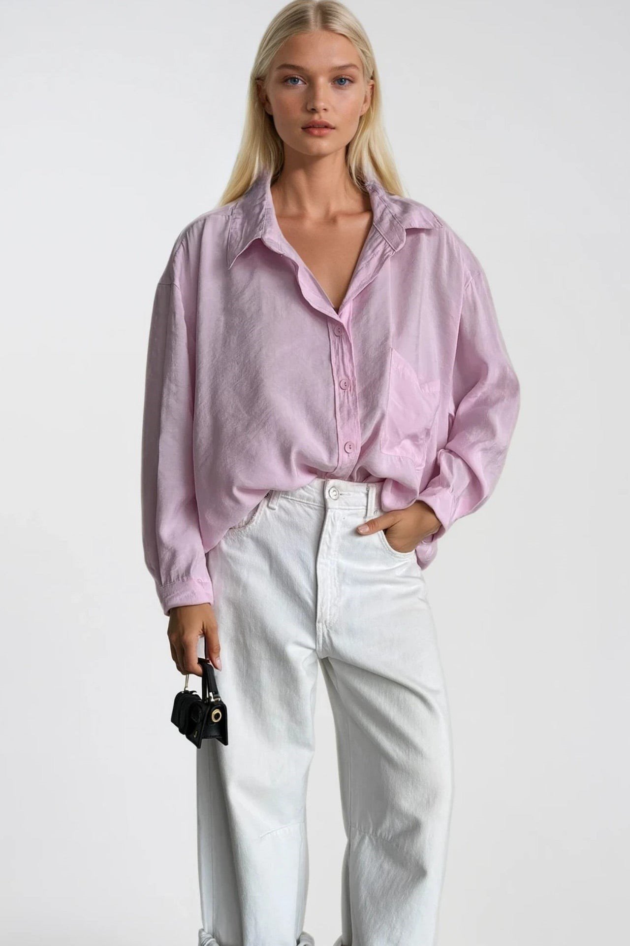 Cep Detay Basic Oversize Pembe Gömlek