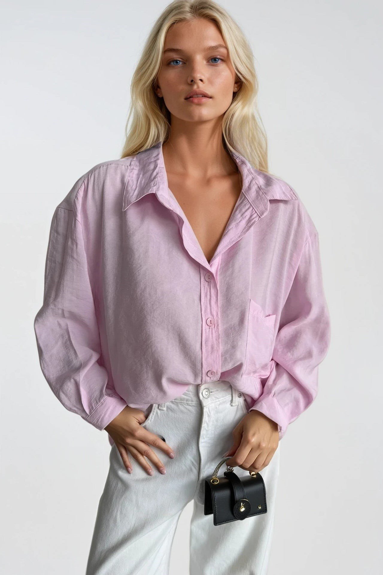 Cep Detay Basic Oversize Pembe Gömlek