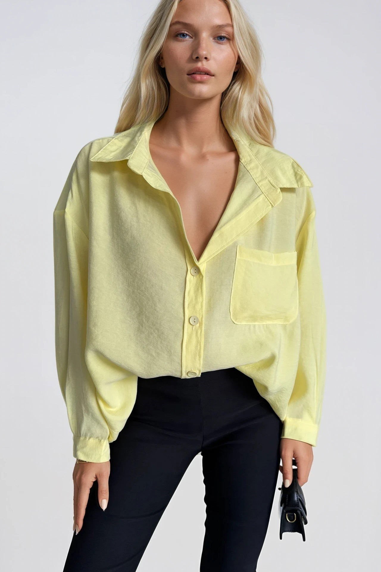 Cep Detay Basic Oversize Sarı Gömlek