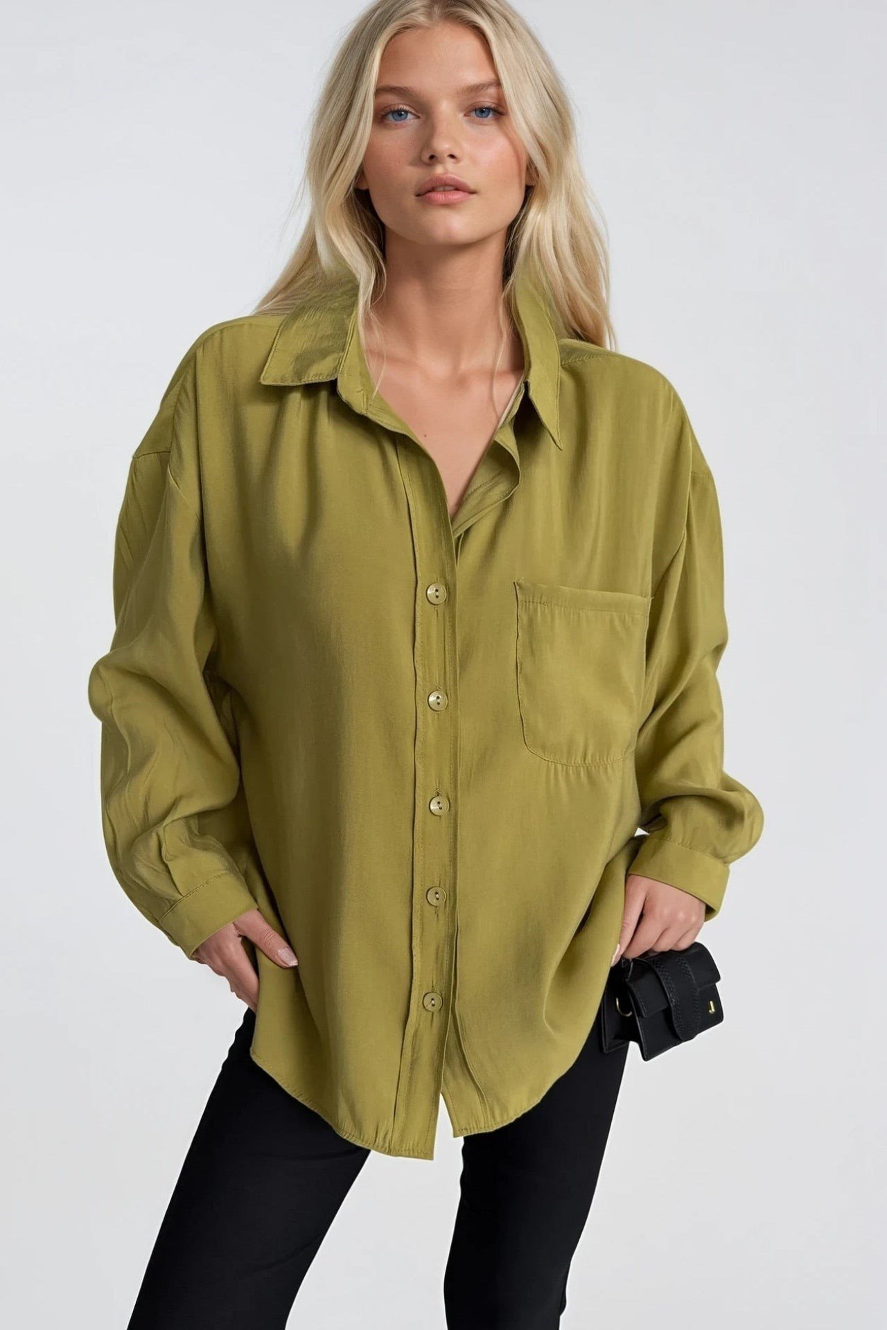 Cep Detay Basic Oversize Yeşil Gömlek