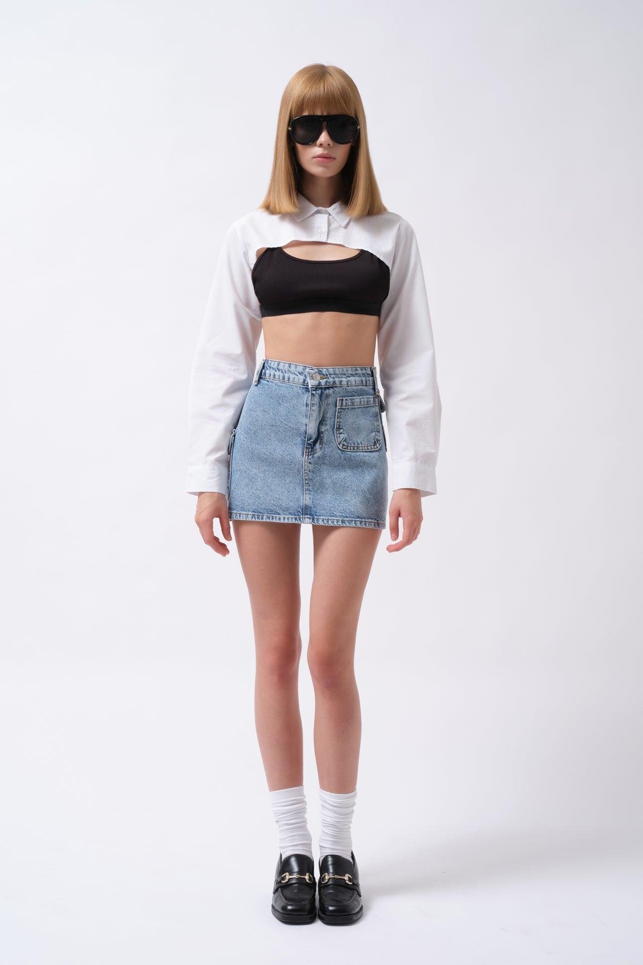 Cep Detay Denim Mini Mavi Etek