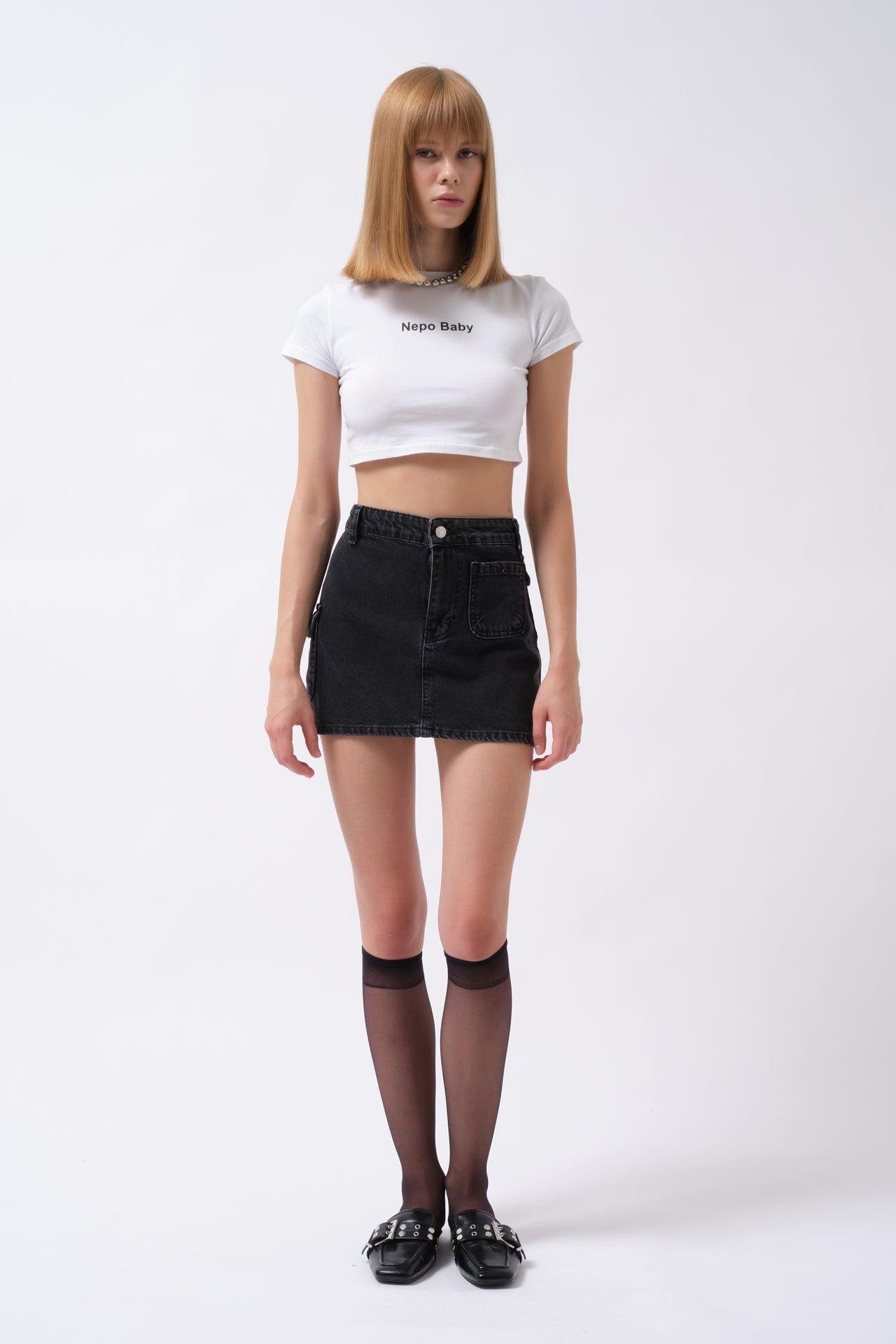 Cep Detay Denim Mini Siyah Etek