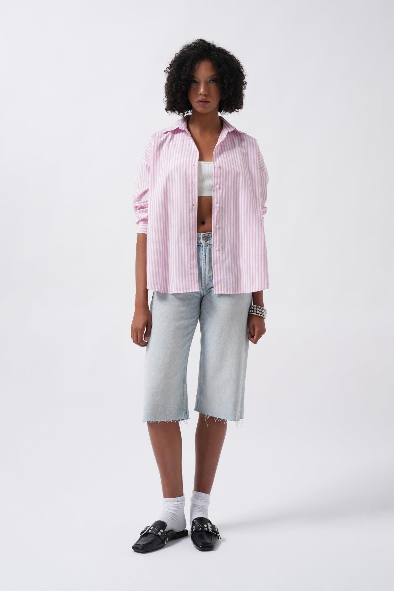 Çizgili Detay Oversize Pembe Gömlek