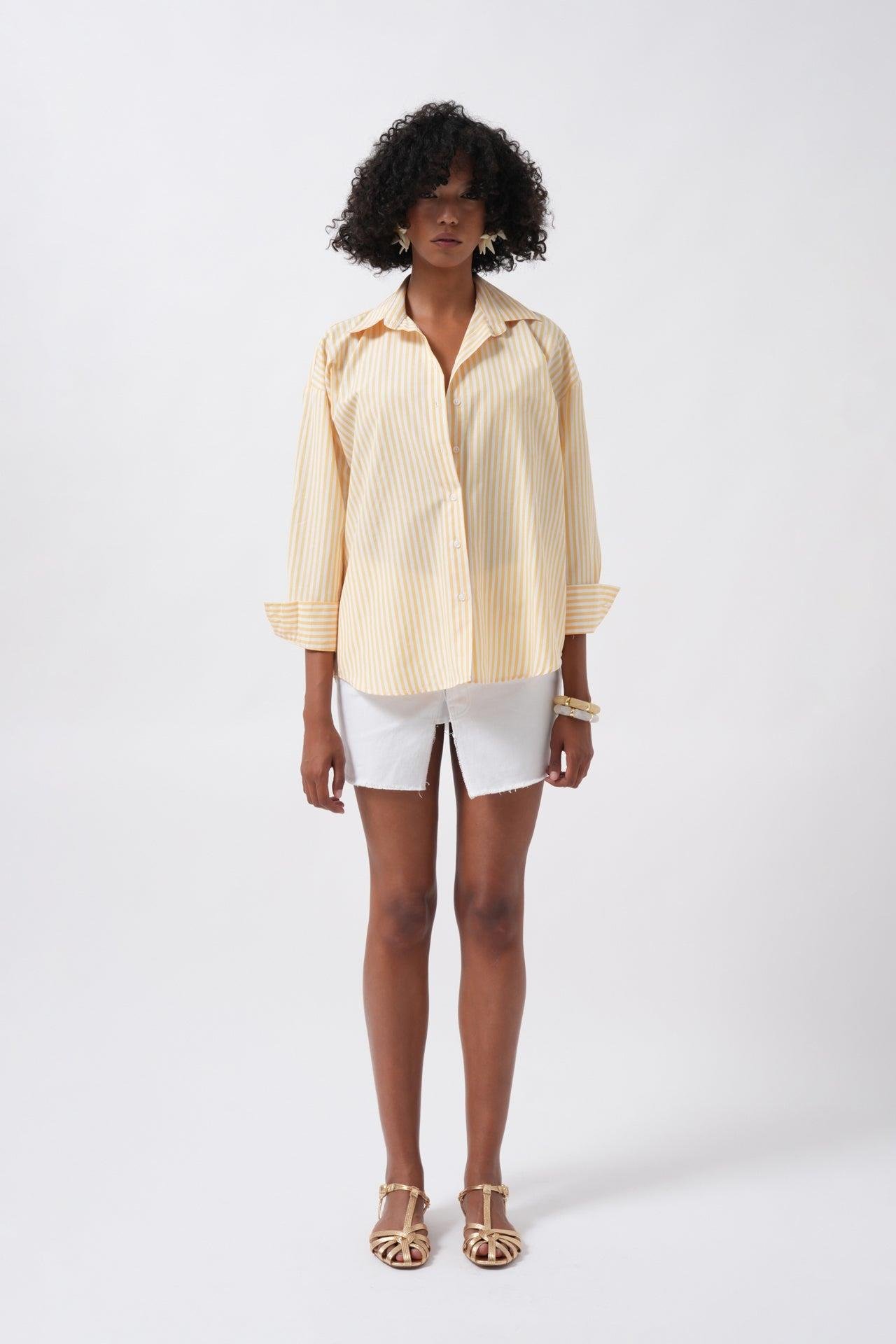 Çizgili Detay Oversize Sarı Gömlek