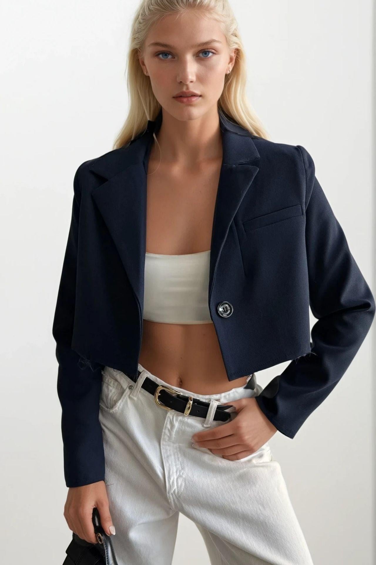 Crop Basic Blazer Lacivert Ceket