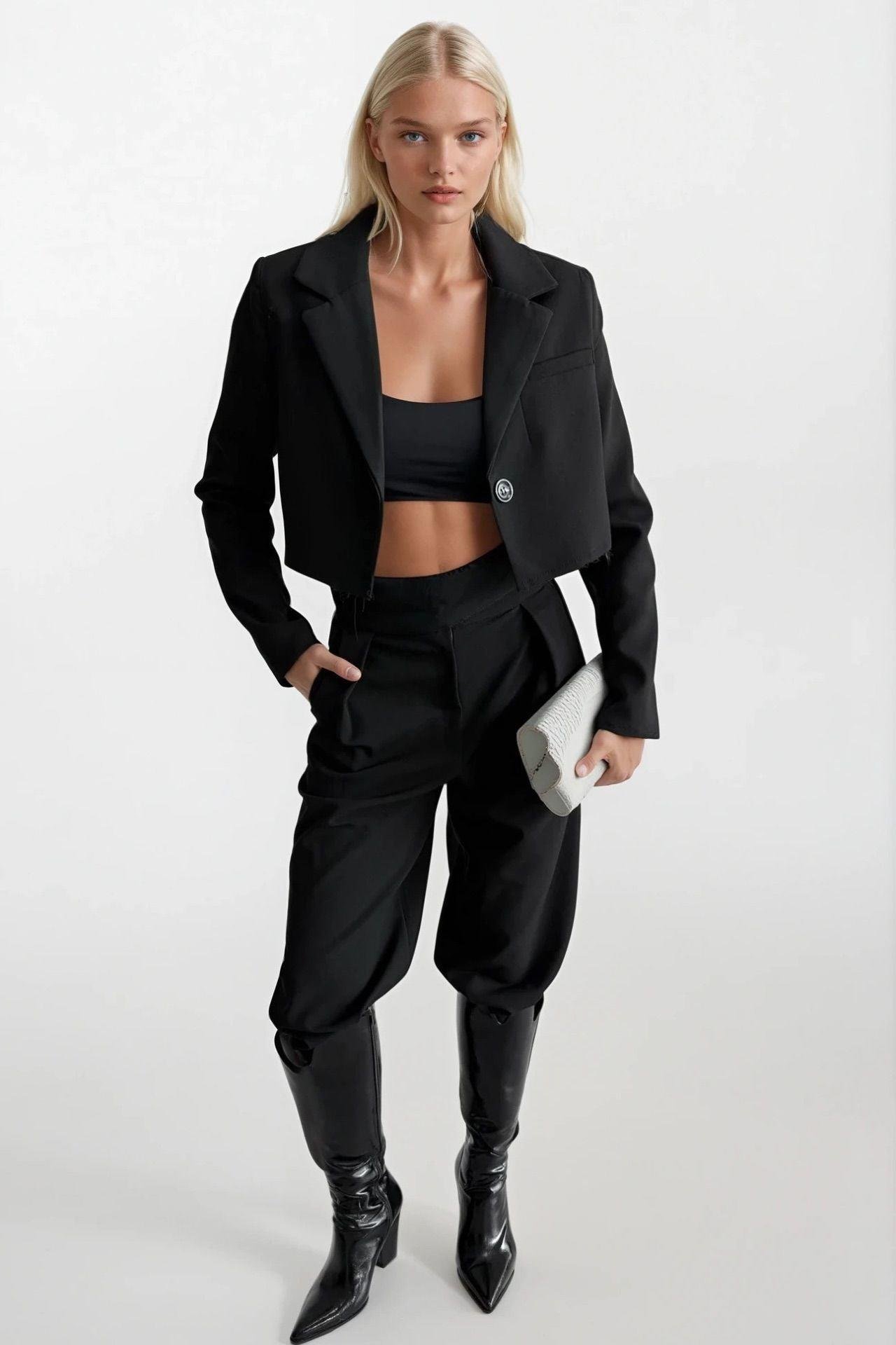 Crop Basic Blazer Siyah Ceket