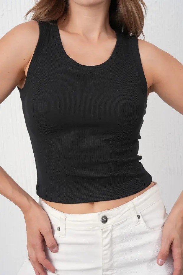 Daisy Kadın Fitilli Görünümlü Kalın Askılı Kısa Basic Siyah Atlet 001