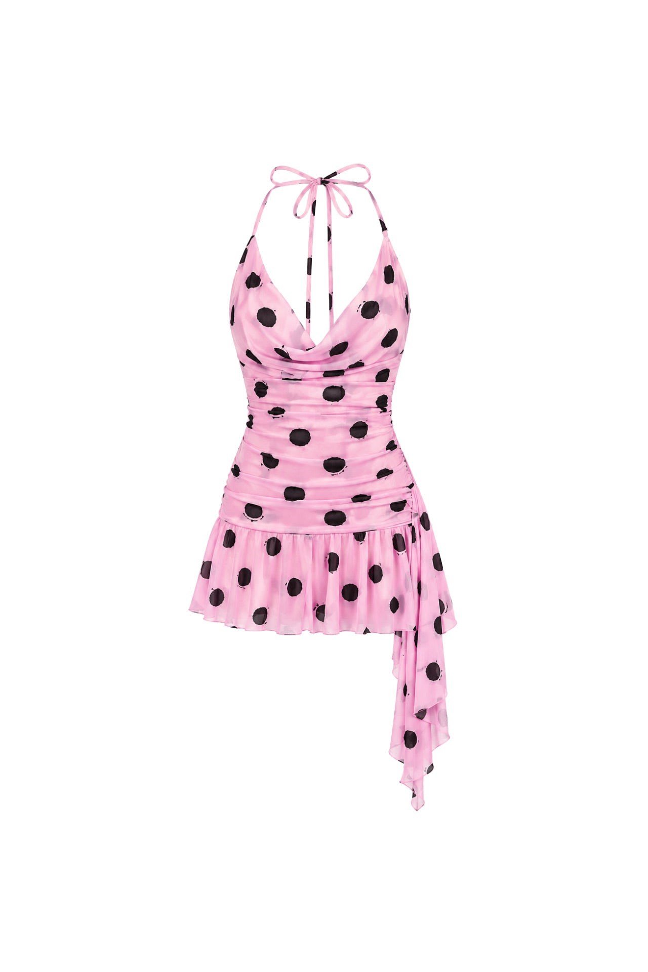 Degaje Yaka Puantiye Desen Pembe Mini Elbise