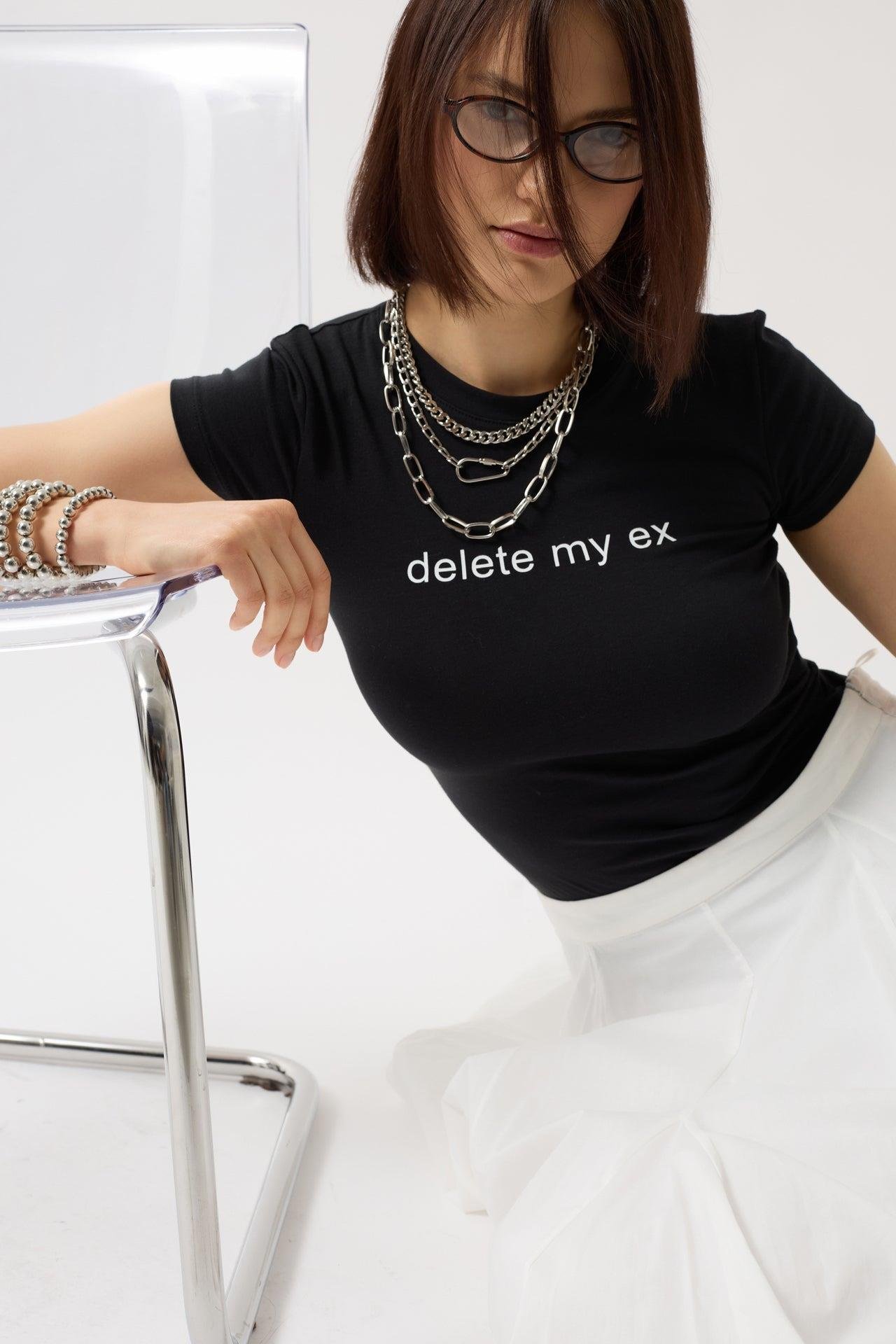 Delete My Ex Baskılı Likralı Crop Siyah T-Shirt