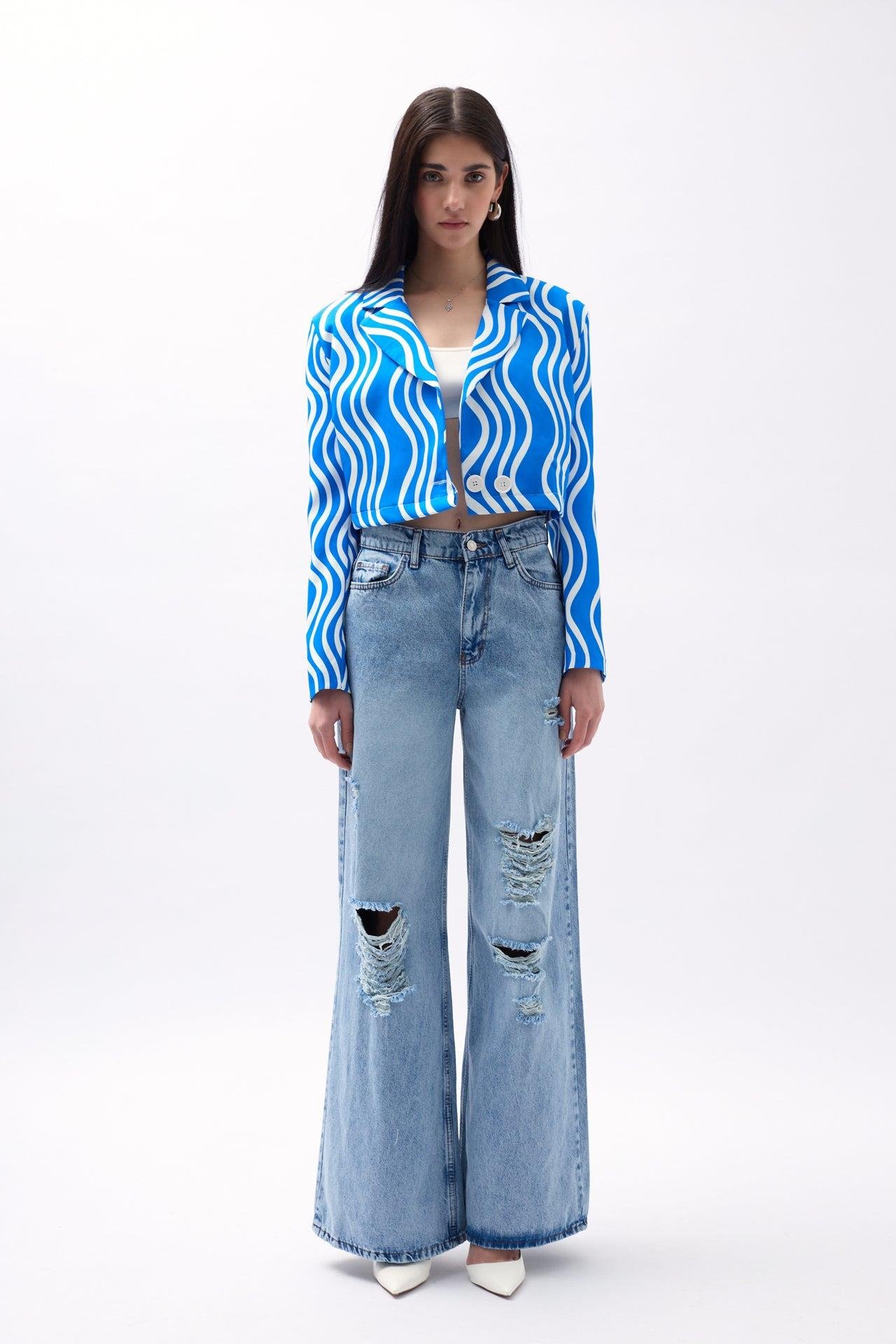 Desenli Mavi Crop Ceket
