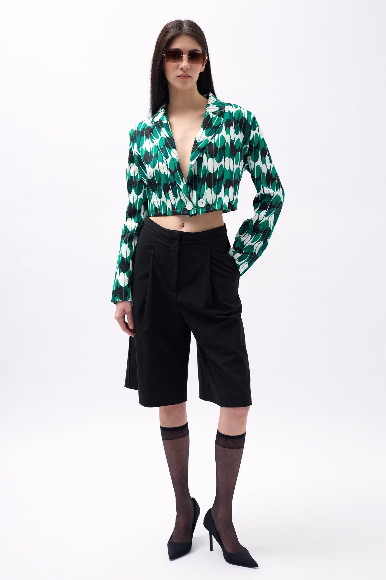 Desenli Yeşil Crop Ceket
