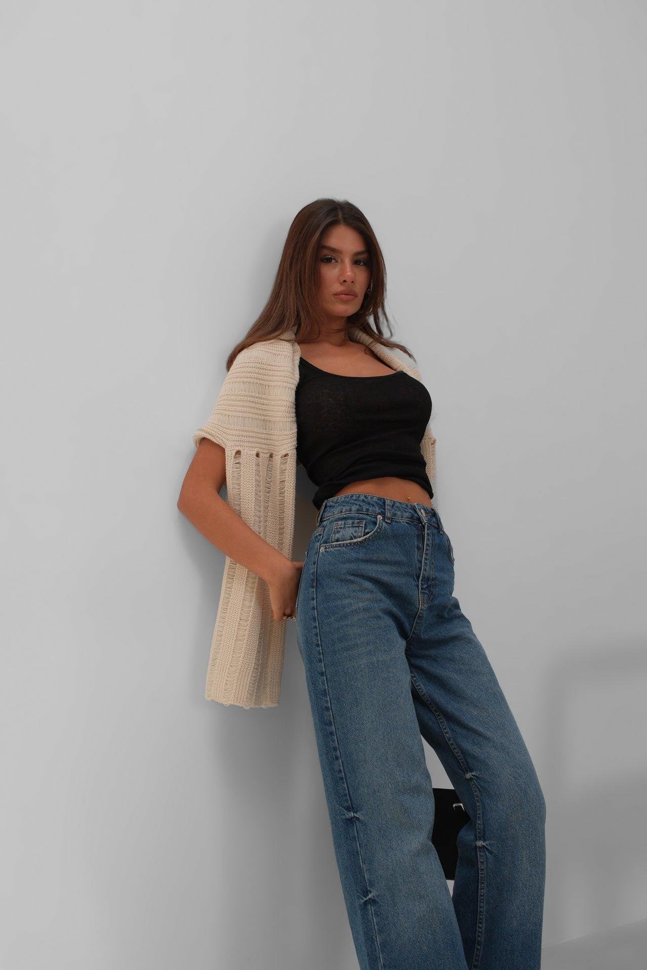 Dikiş Detay Geniş Paça Mavi Jean